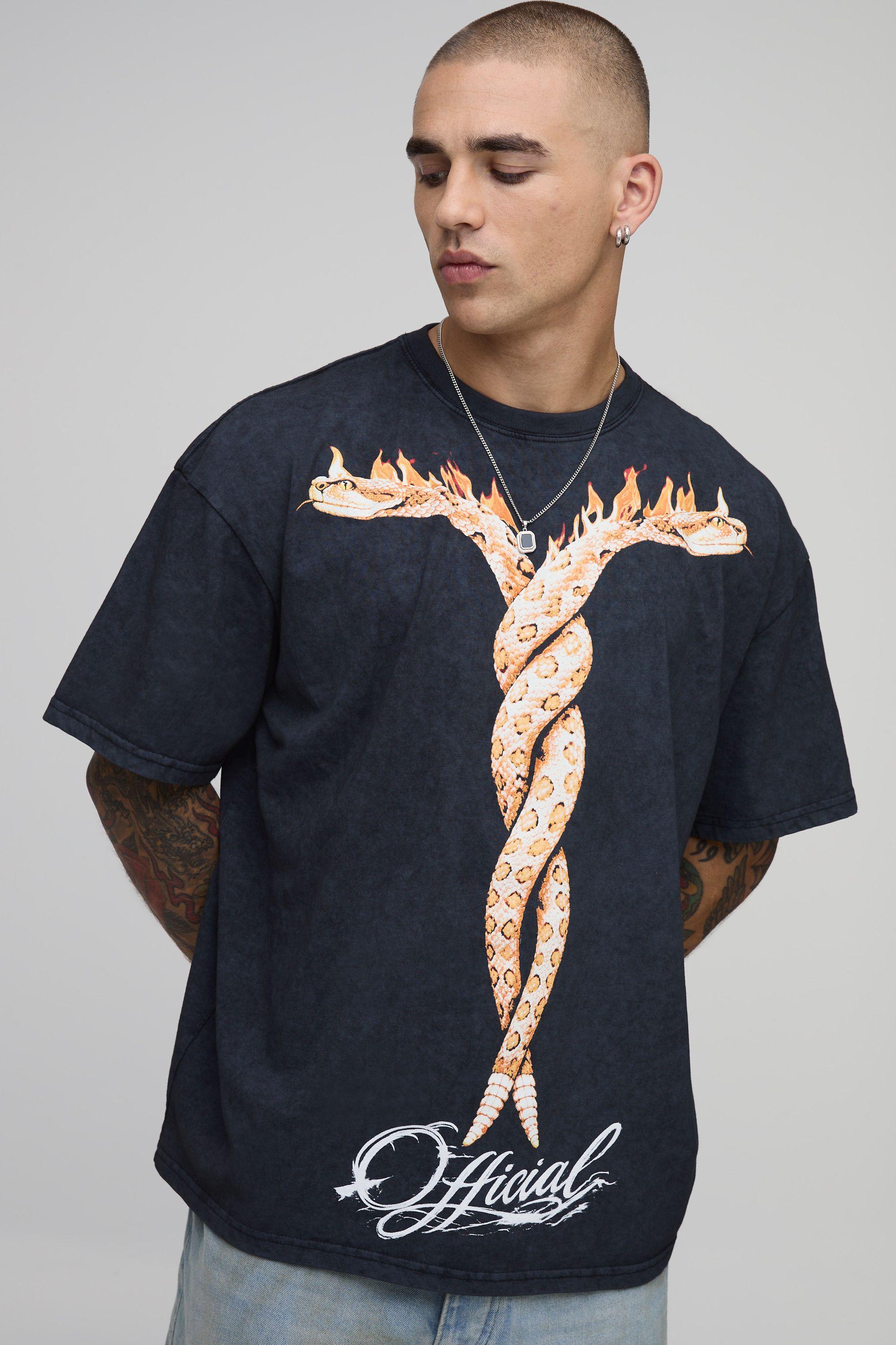 Acid Black Oversized Snake Flame Print T-Shirt by BOOHOOMAN