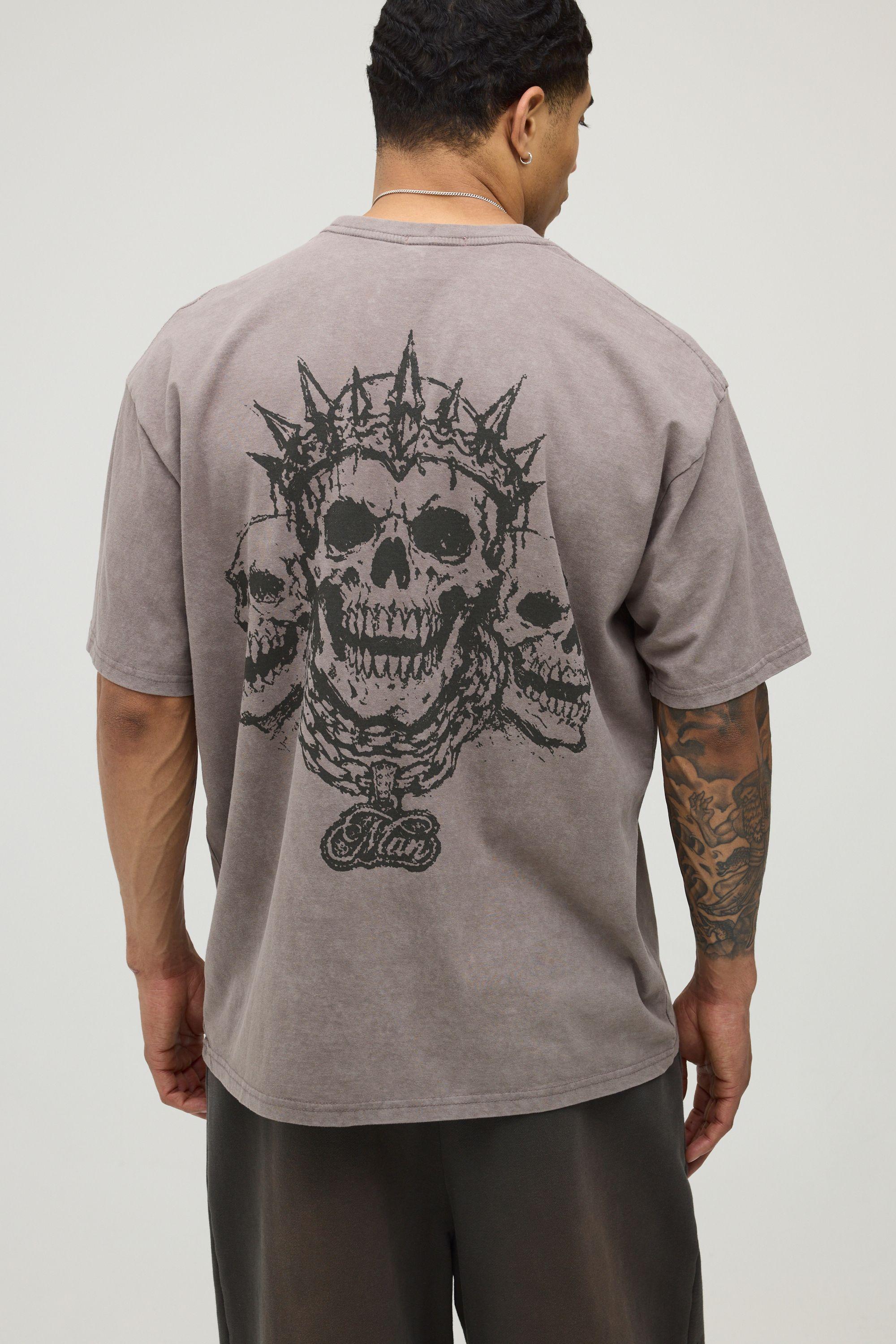 Acid Chocolate Oversized Tonal Skull Doodle Print T-Shirt by BOOHOOMAN