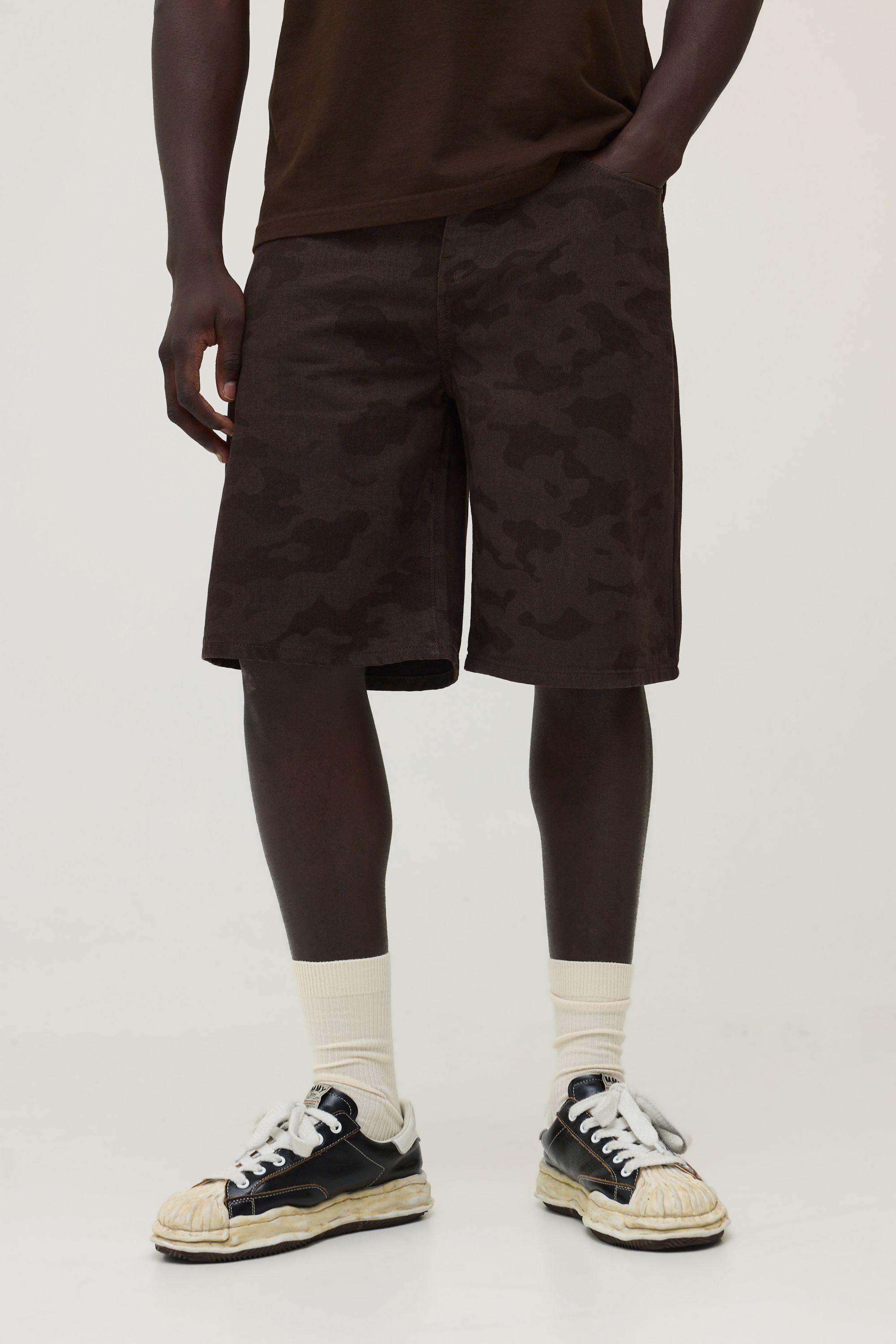 Adjustable Waist Chain Detail Waist Camo Parachute Denim Jorts by BOOHOOMAN