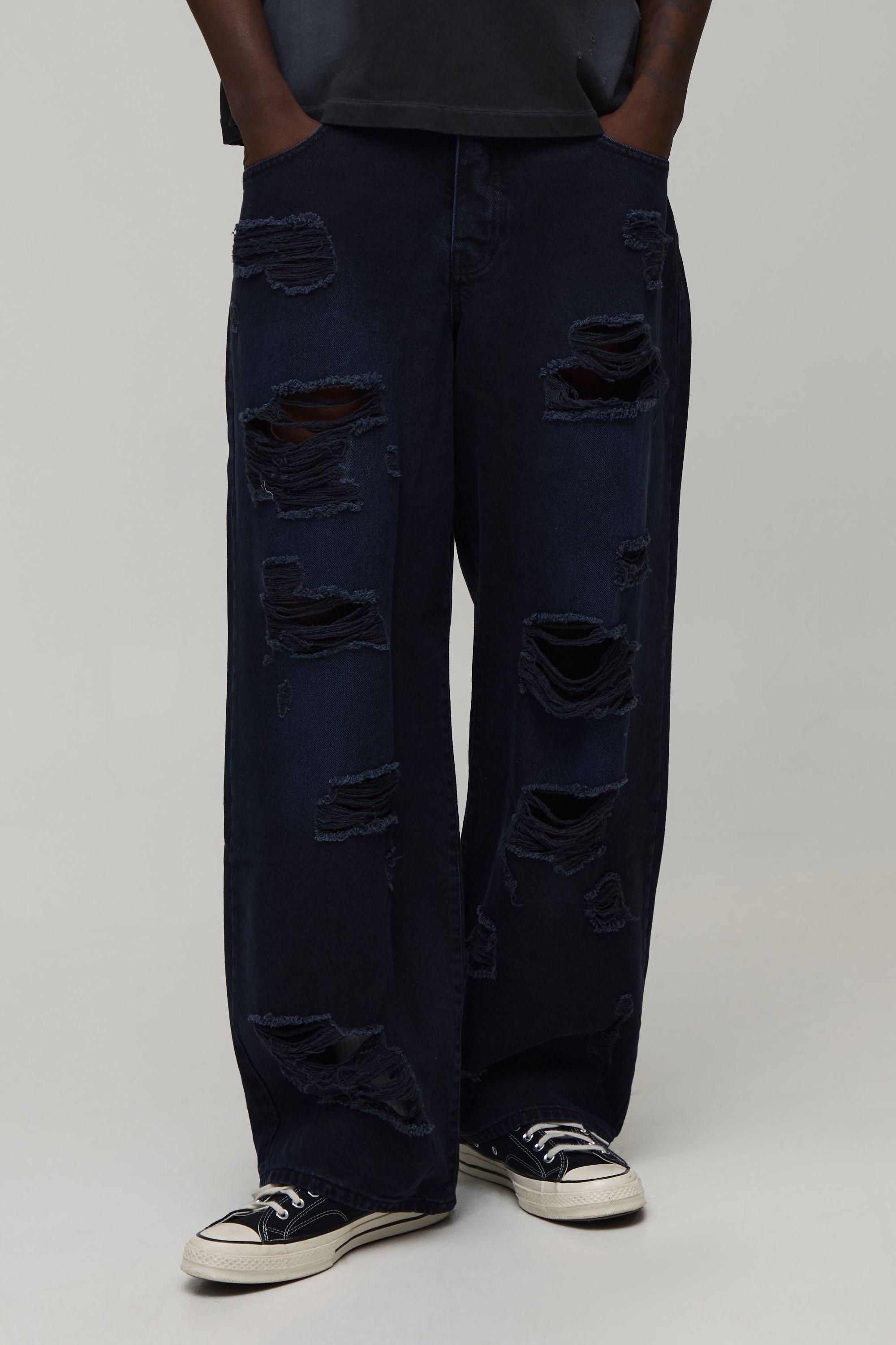 Adjustable Waist Tinted Extreme Ripped Super Baggy Jeans by BOOHOOMAN