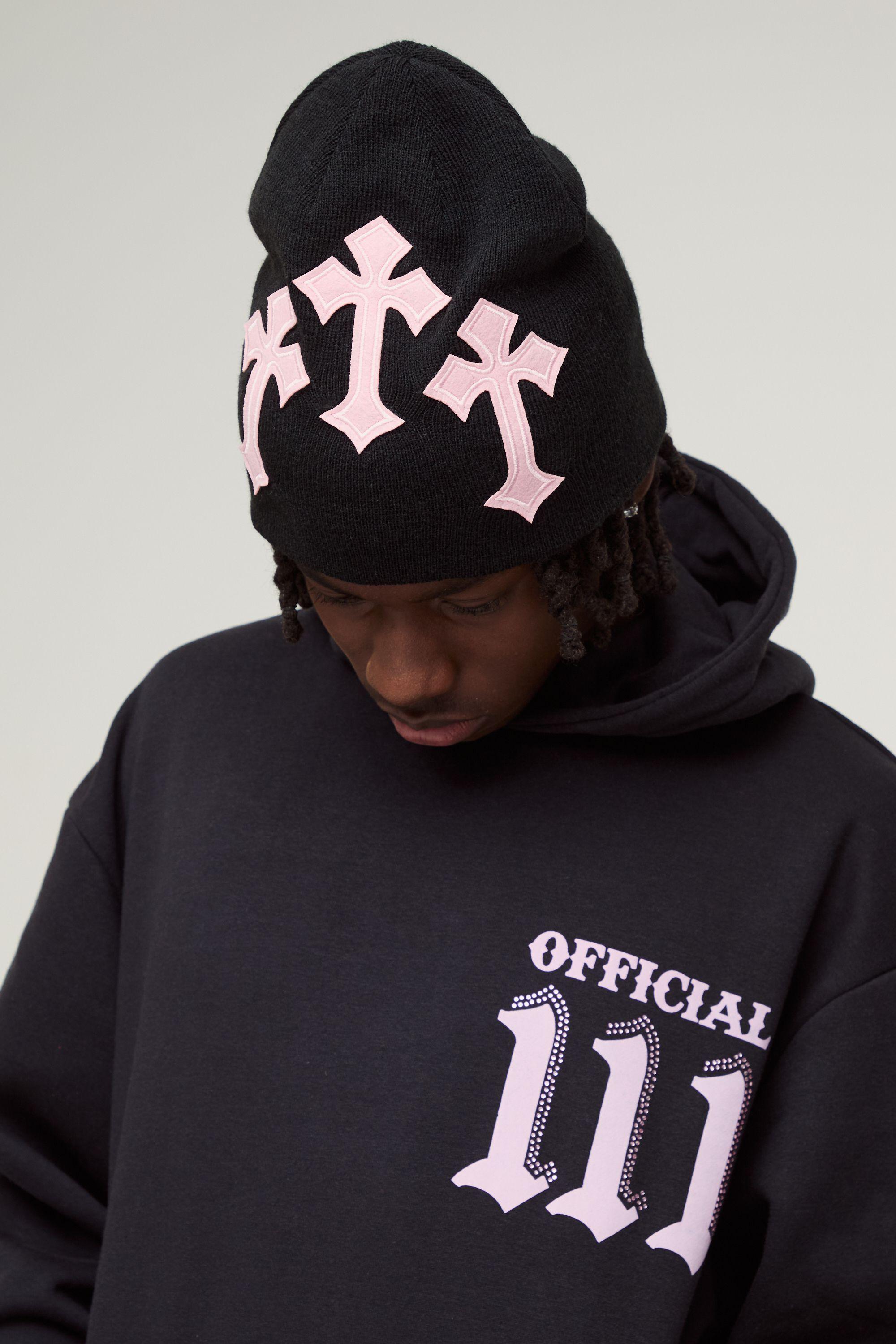 Applique Ribbed Cross Beanie by BOOHOOMAN