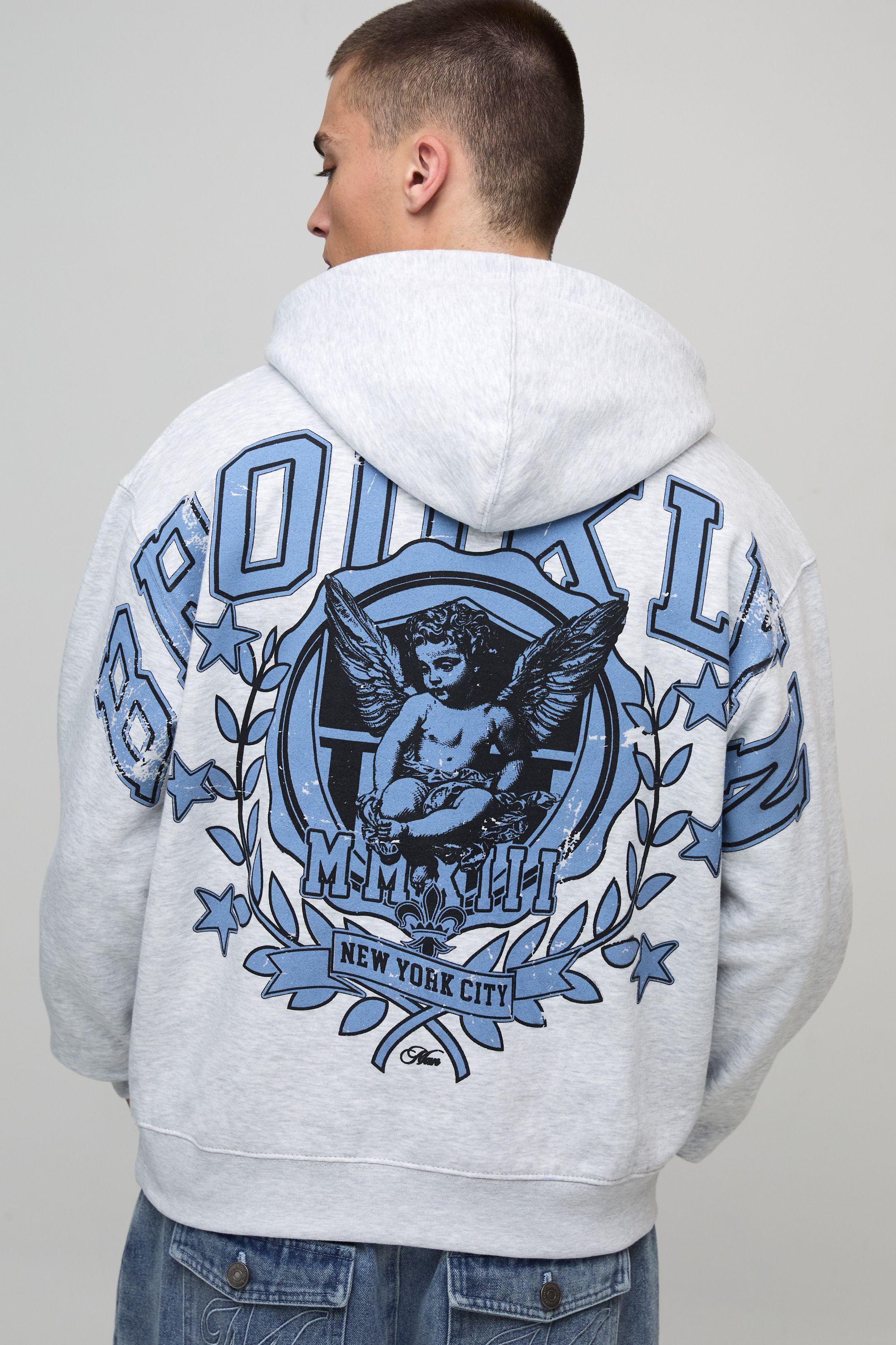 Ash Grey Oversized Boxy Brooklyn Over The Seams Print Hoodie by BOOHOOMAN