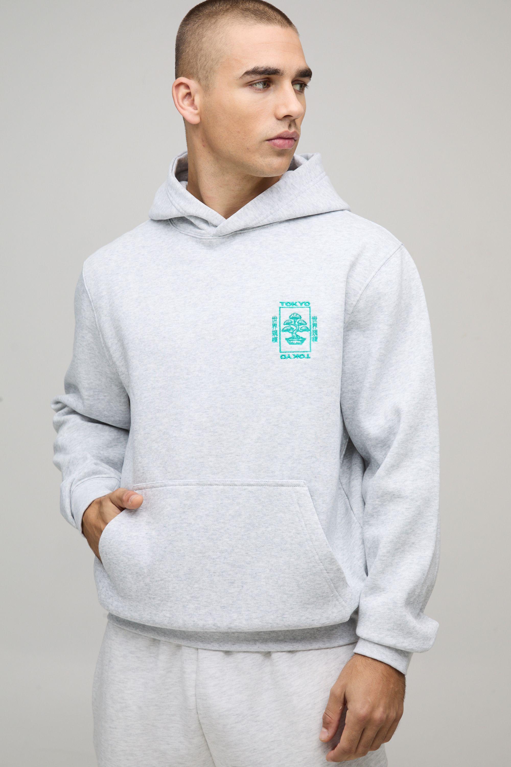 Ash Grey Regular Tokyo Embroidered Hoodie by BOOHOOMAN