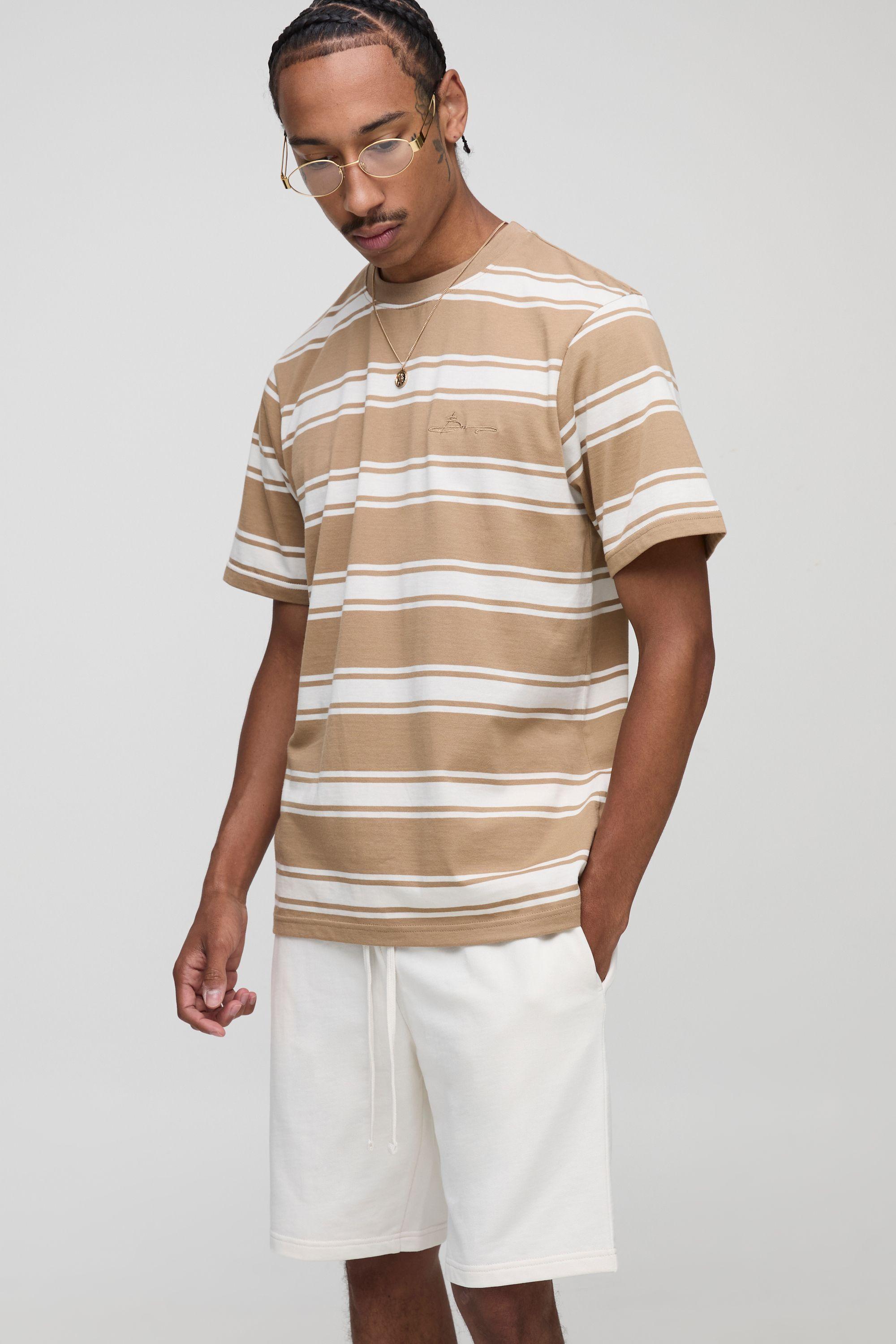 BM Signature Relaxed Striped T-Shirt and Shorts Set by BOOHOOMAN