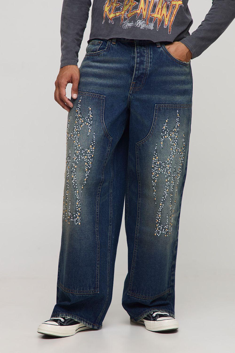 Baggy Embellished Tribal Carpenter Jeans by BOOHOOMAN