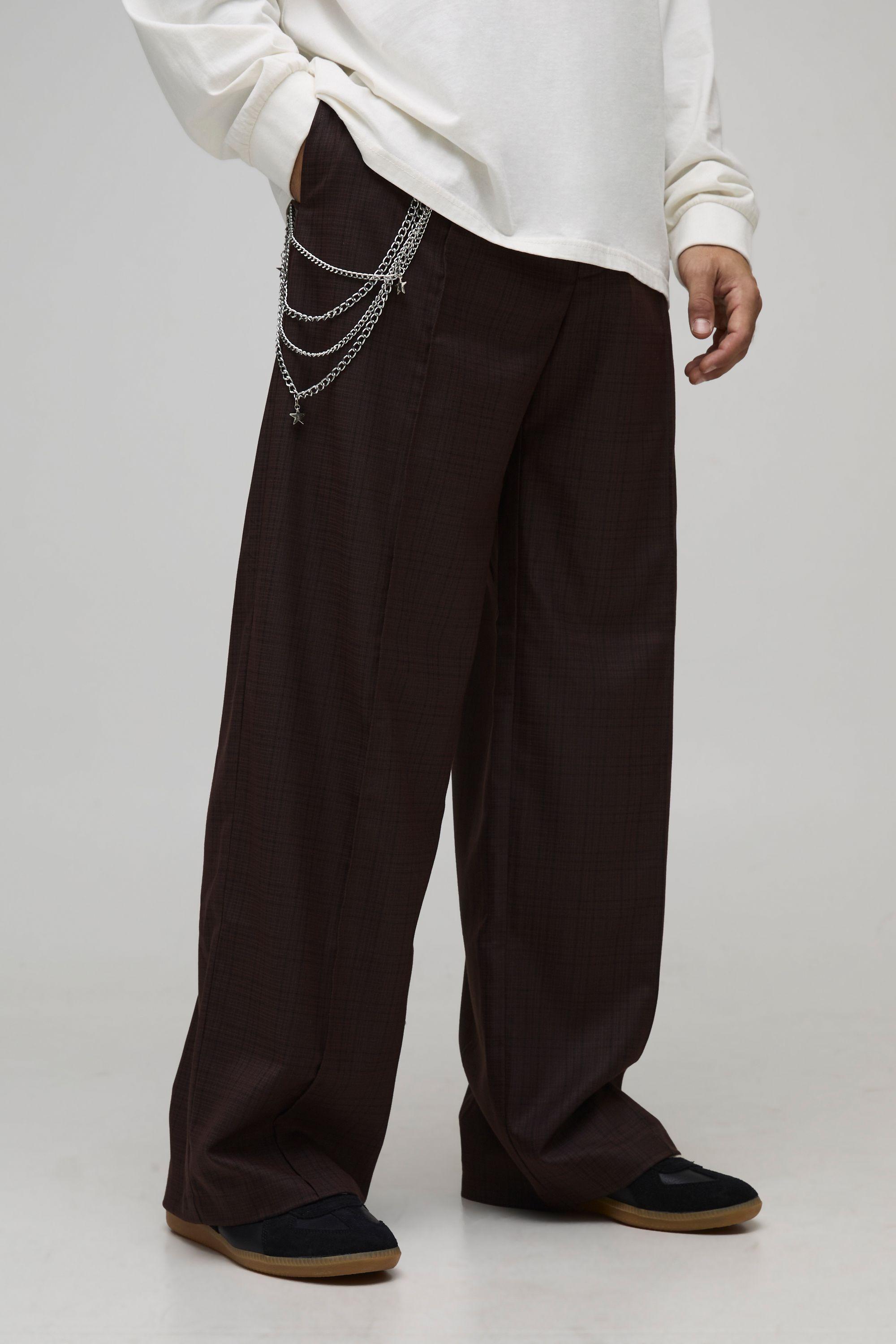 Baggy Fit Check Pin-tuck Smart Trouser With Chain by BOOHOOMAN