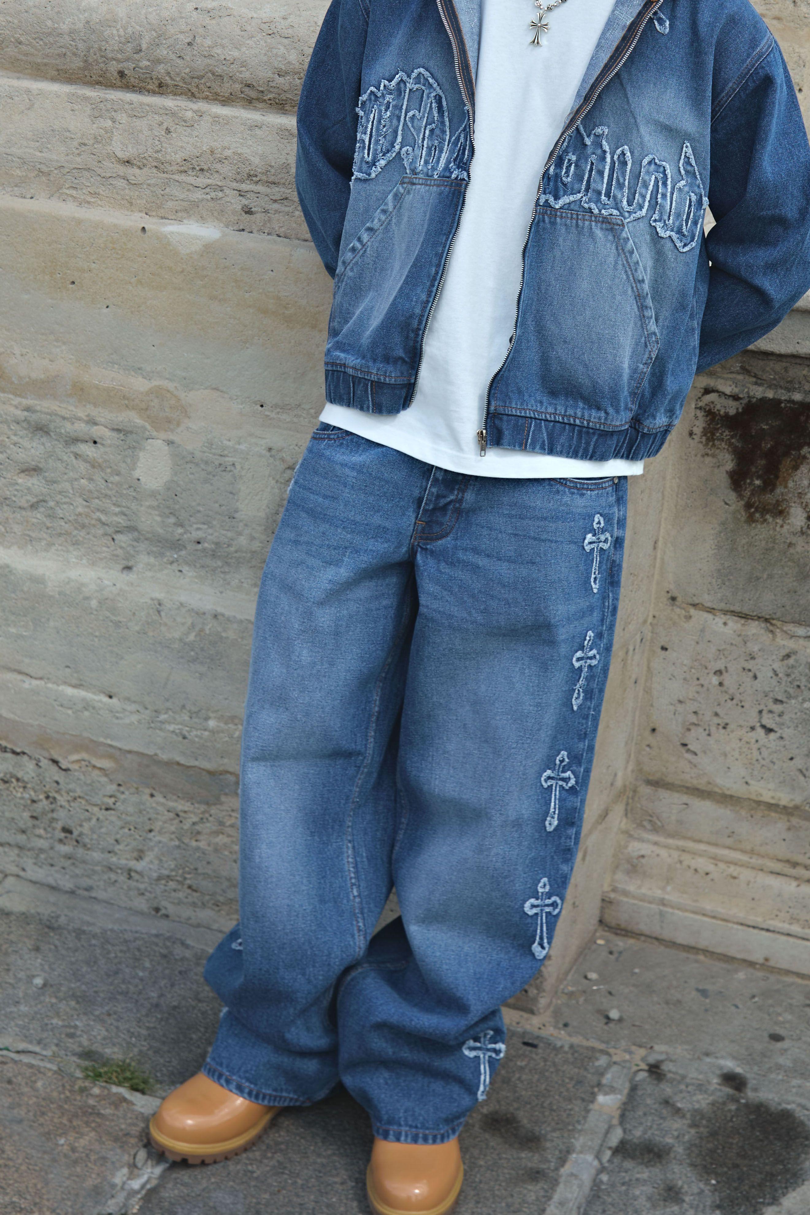 Baggy Fit Cross Applique Washed Jeans by BOOHOOMAN