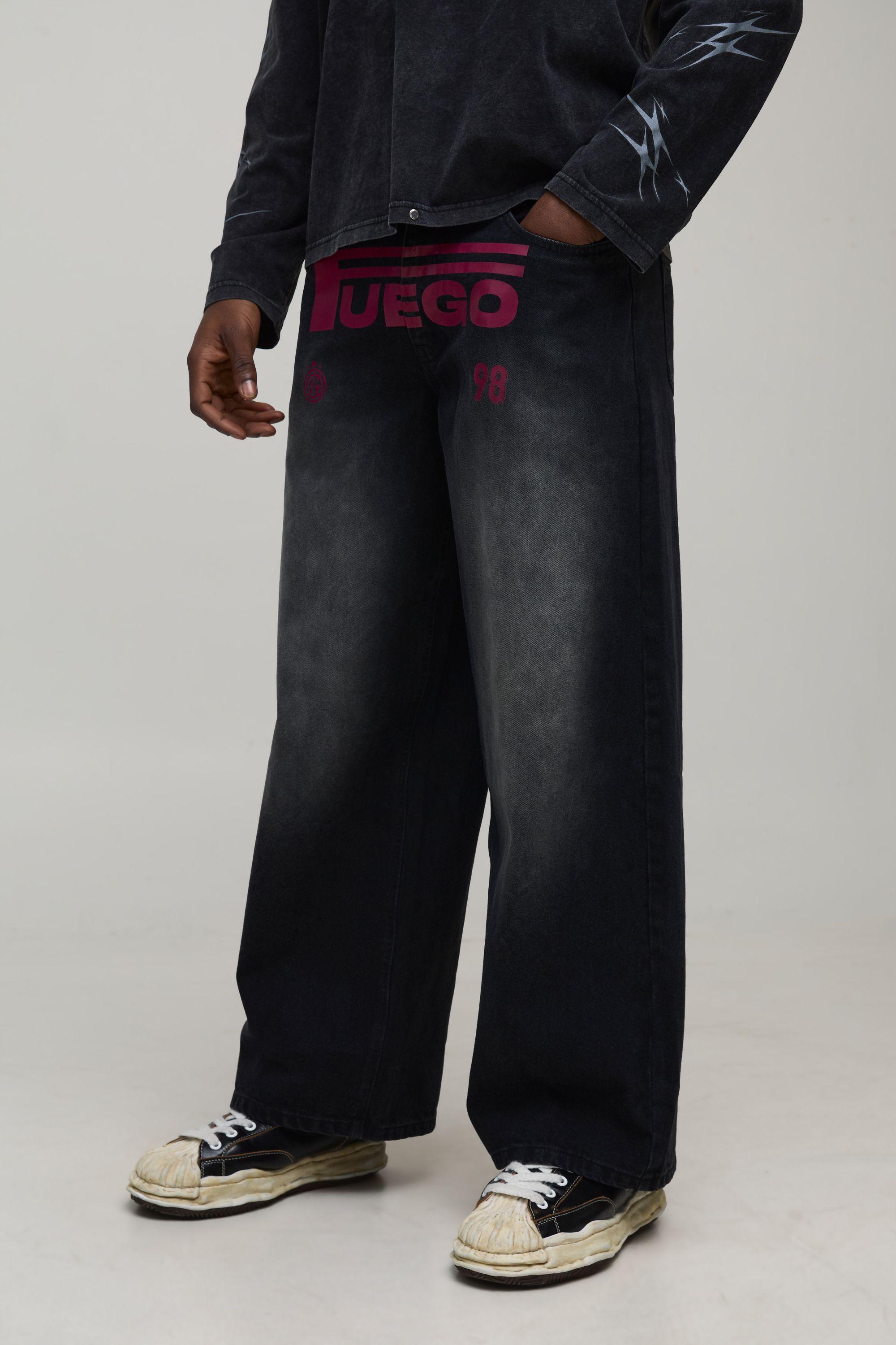 Baggy Fit Fuego Printed Washed Jeans by BOOHOOMAN