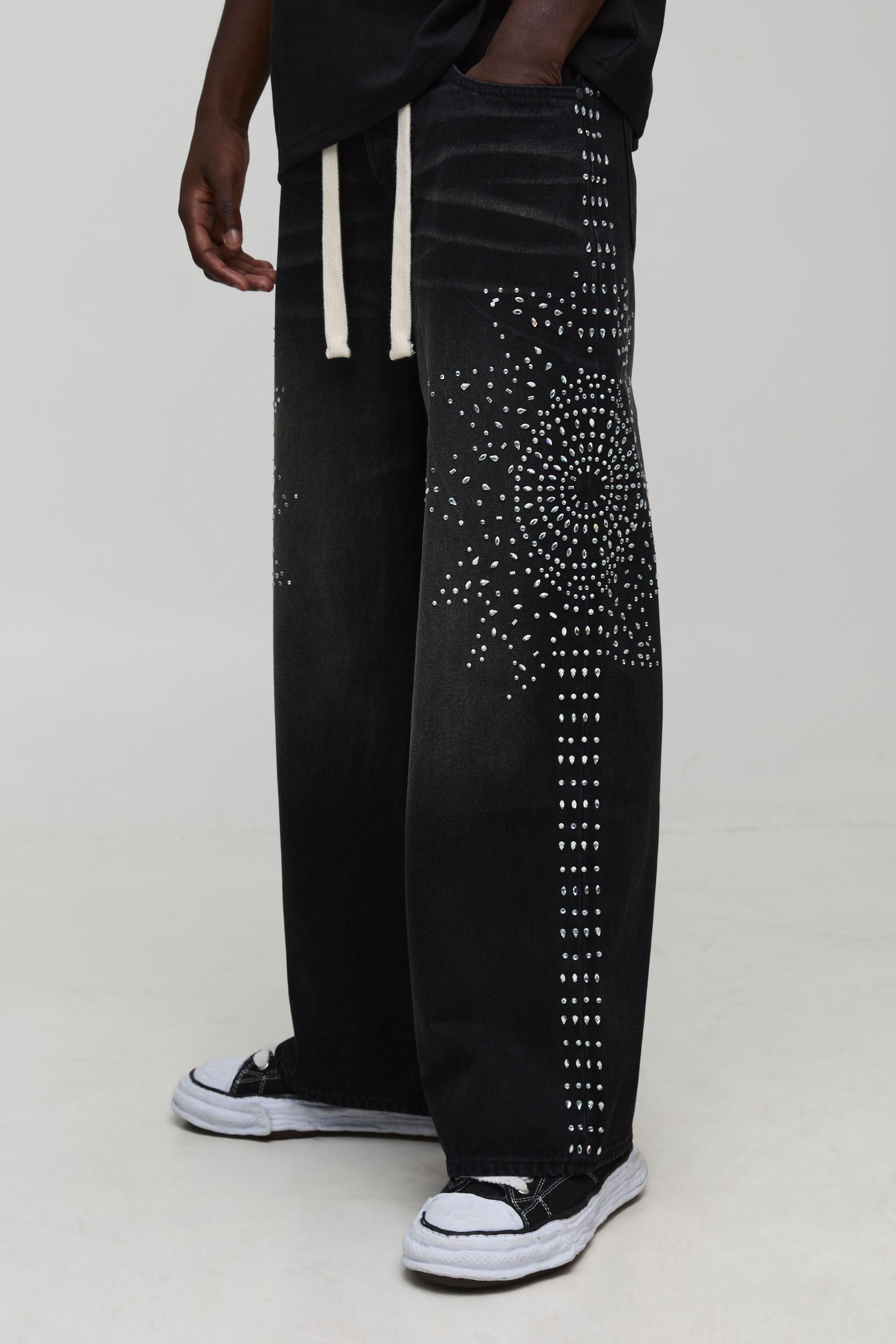 Baggy Fit Large Gem Embellished Jeans by BOOHOOMAN