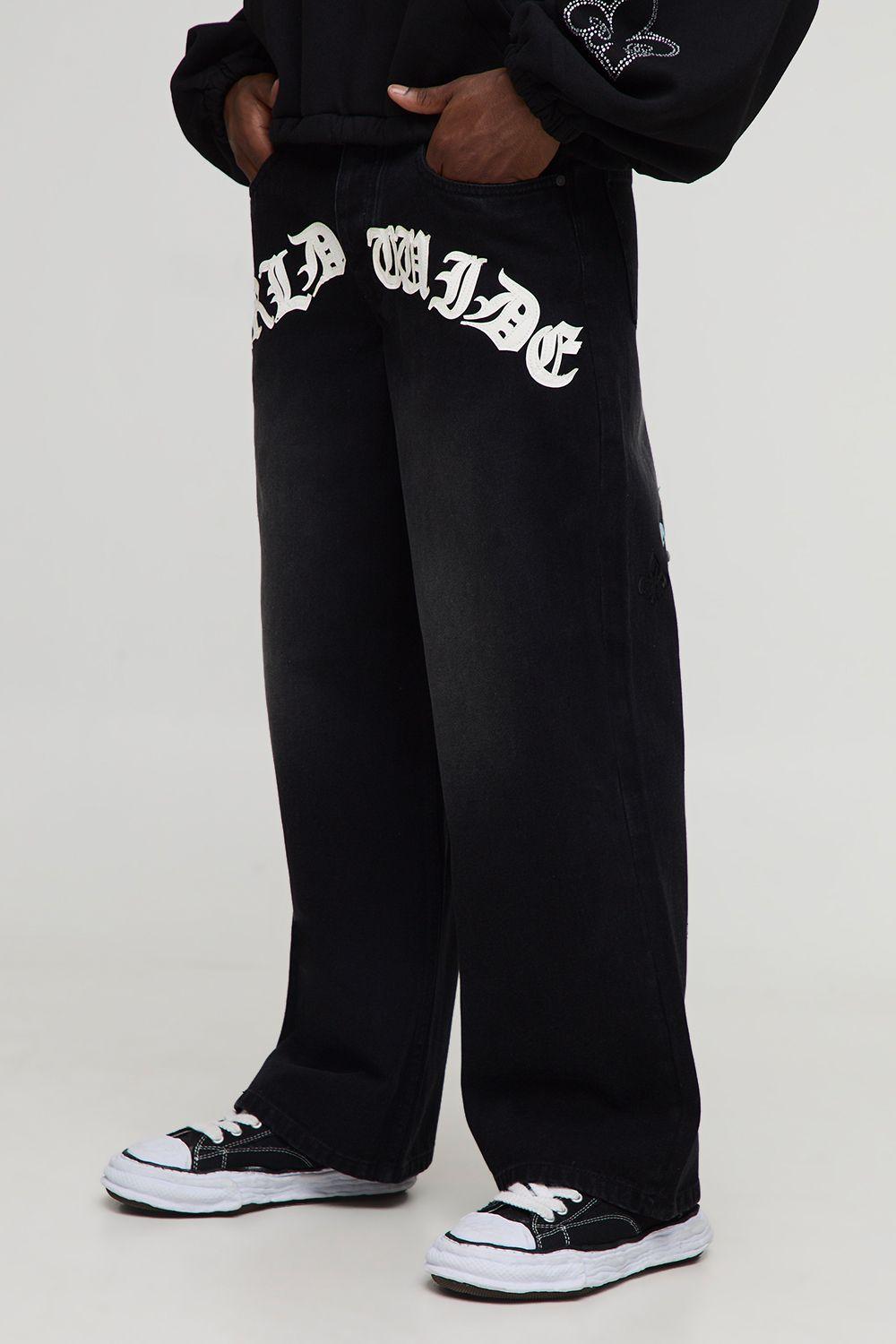 Baggy Fit PU Applique Rhinestone Cross Jeans by BOOHOOMAN