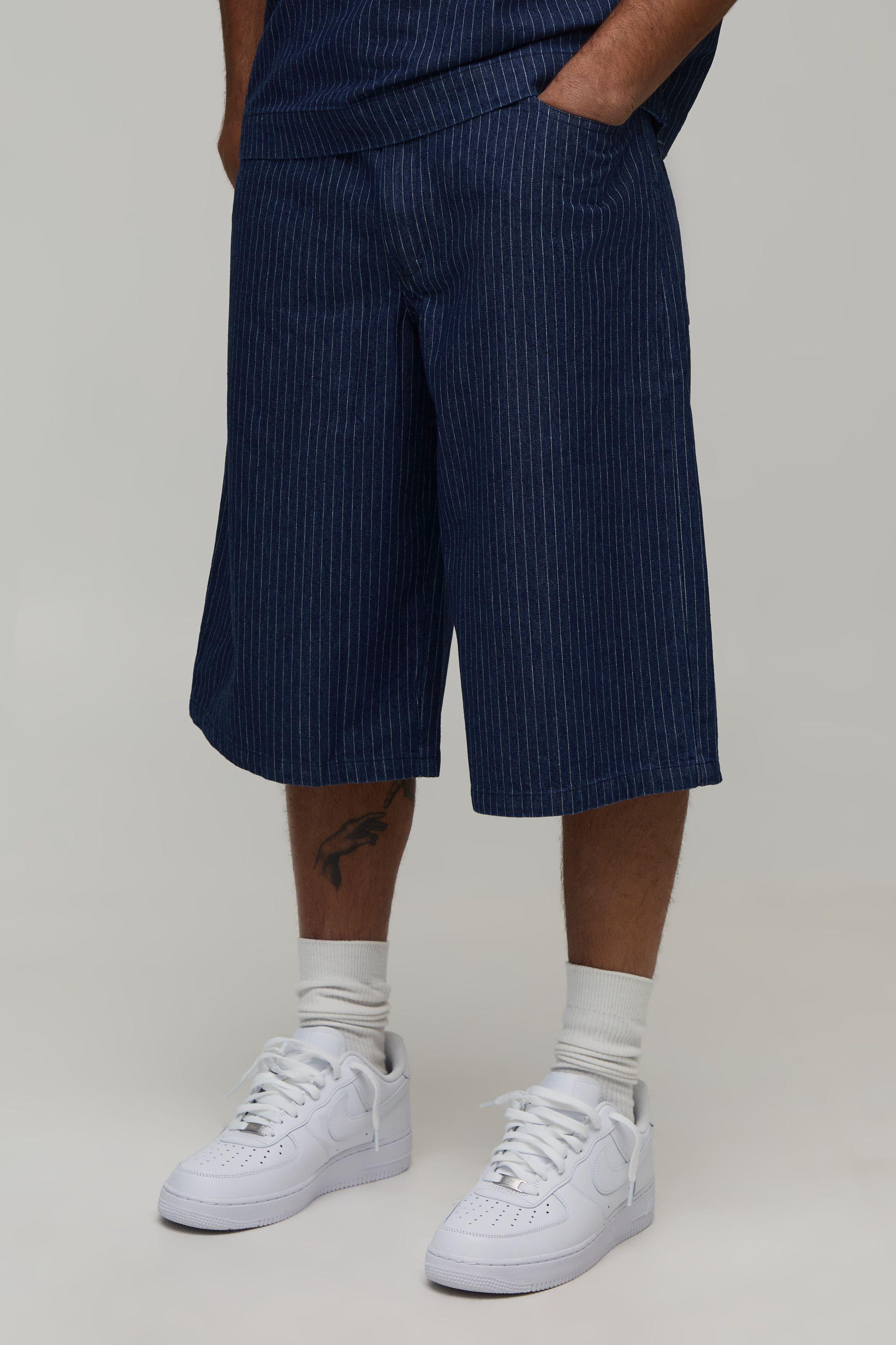 Baggy Fit Pinstripe Varsity Denim Shorts by BOOHOOMAN