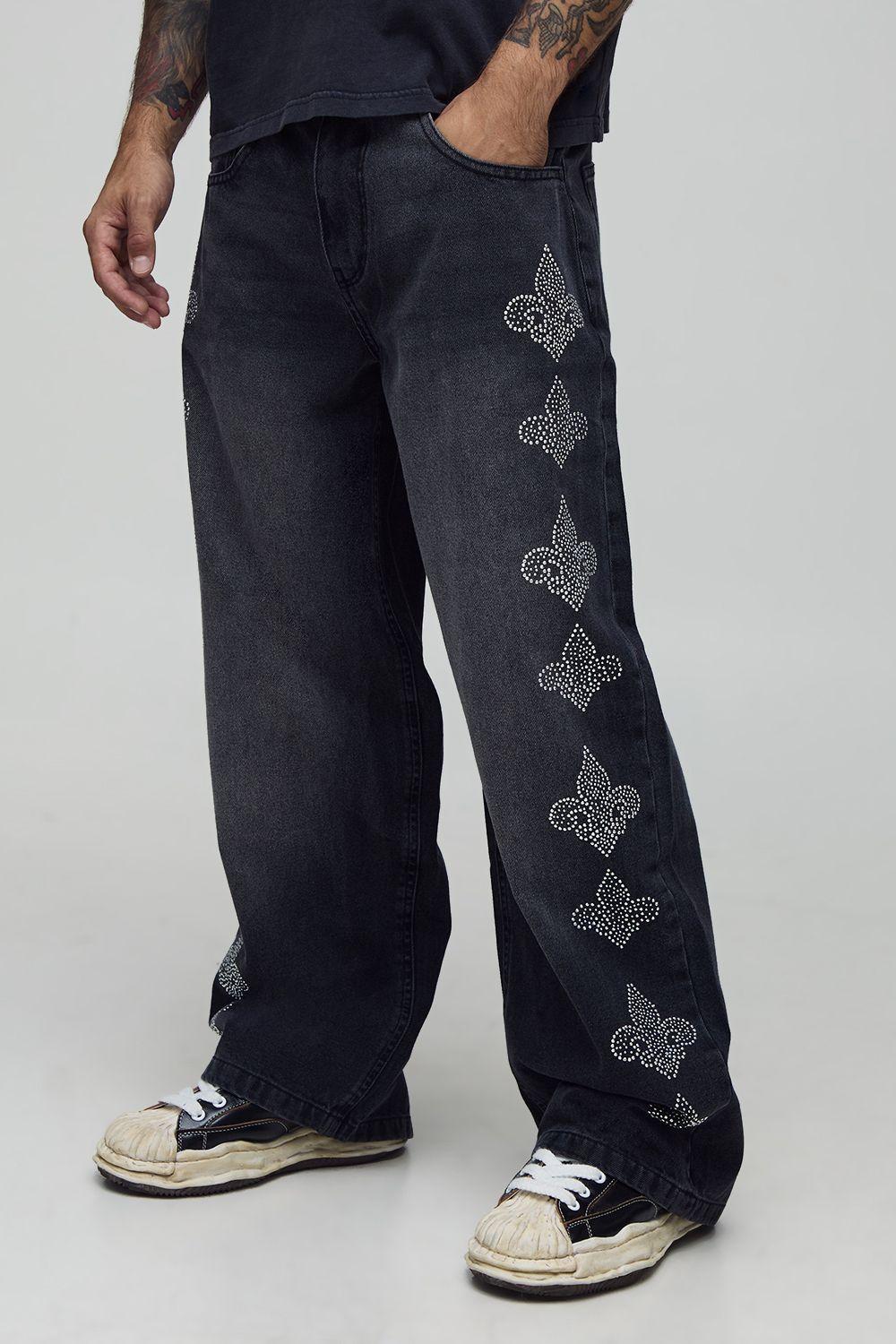 Baggy Fit Rhinestone Embellished Washed Jeans by BOOHOOMAN
