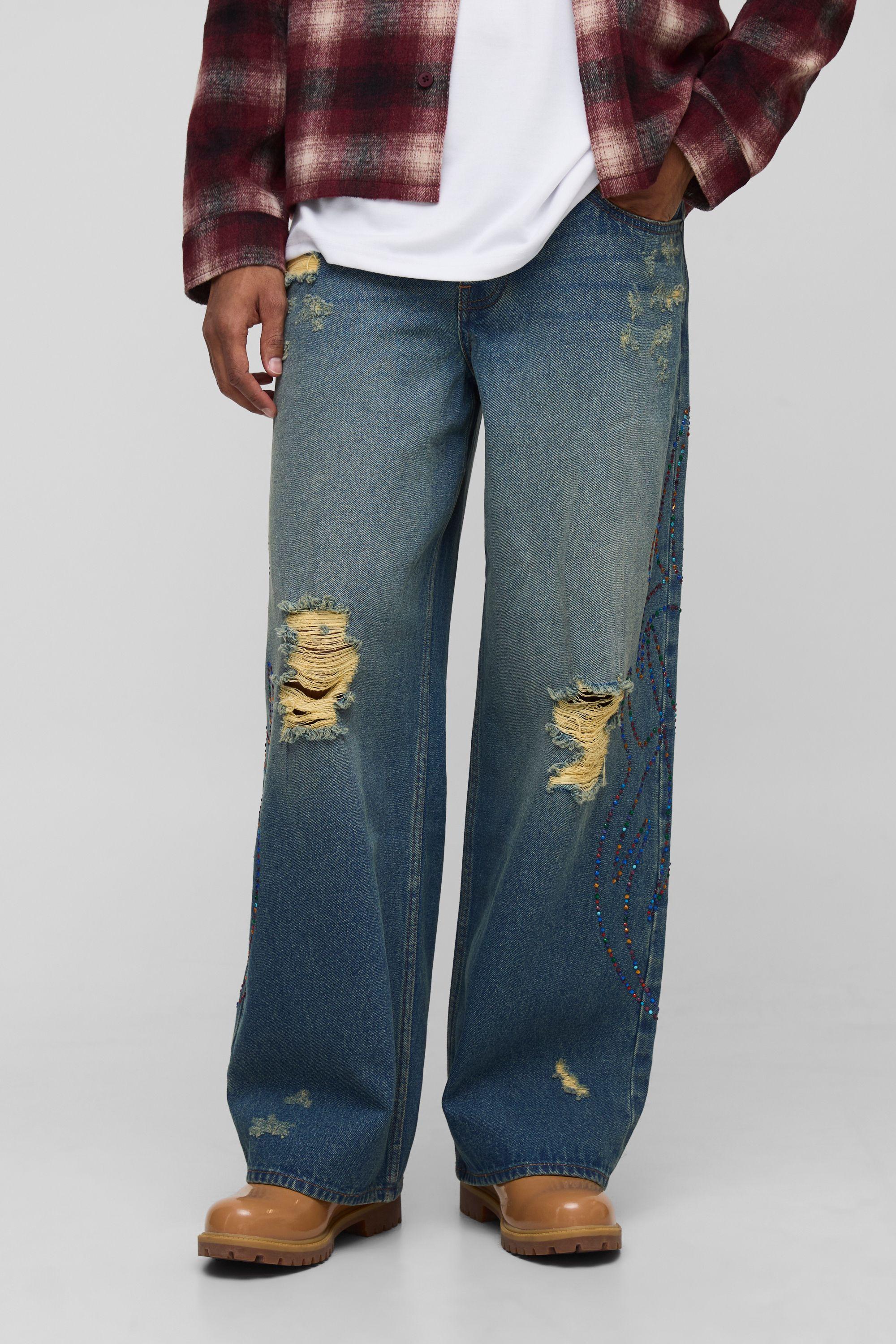 Baggy Fit Studded Tribal Washed Jeans by BOOHOOMAN Baggy Fit Studded Tribal Washed Jeans by BOOHOOMAN