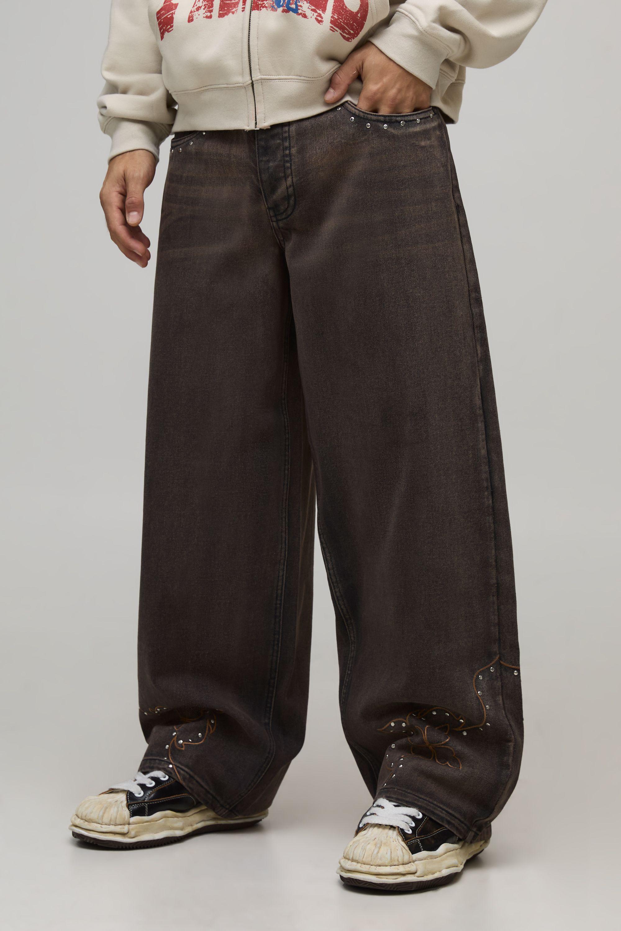 Baggy Fit Studded Western Embroidered Hem Jeans by BOOHOOMAN Baggy Fit Studded Western Embroidered Hem Jeans by BOOHOOMAN