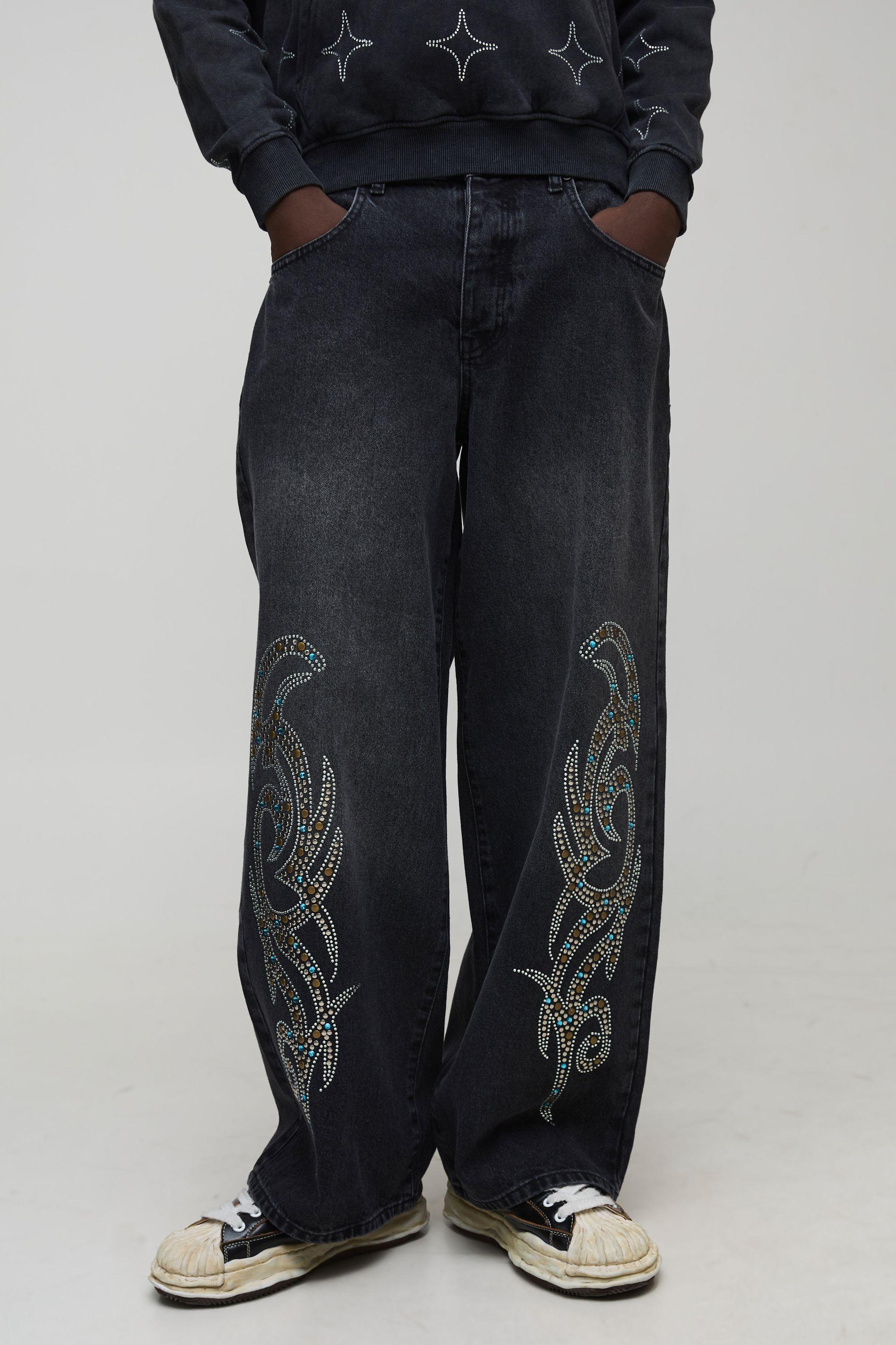 Baggy Fit Tribal Rhinestone Jeans by BOOHOOMAN