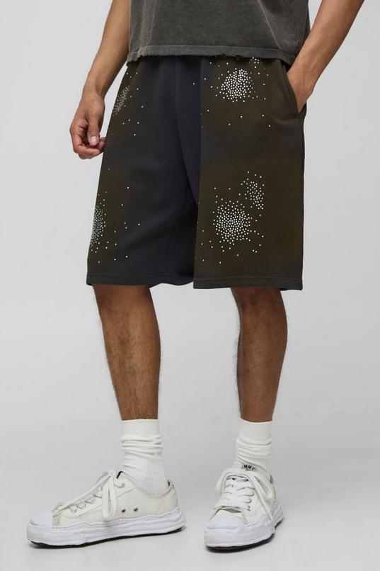 Baggy Fit Washed Rhinestone Jersey Shorts by BOOHOOMAN