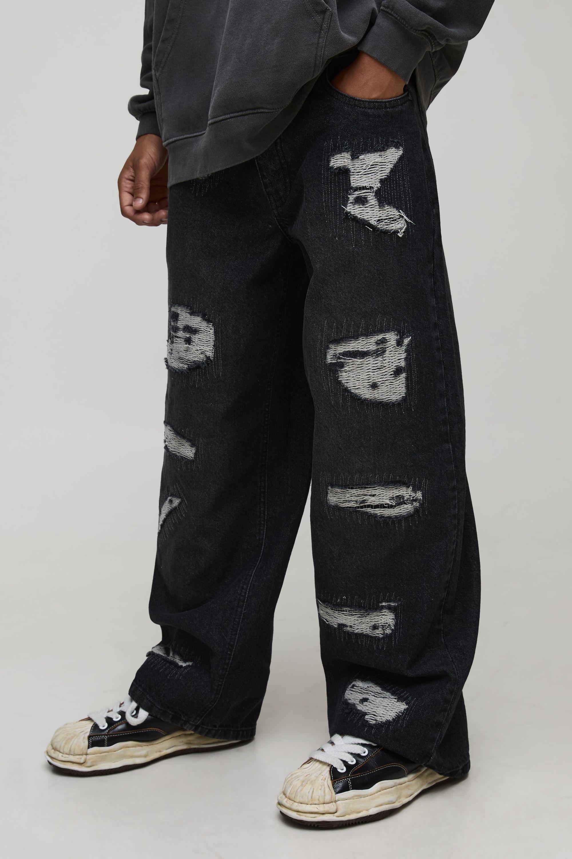 Baggy Fit Washed Stitch Ripped Jeans by BOOHOOMAN