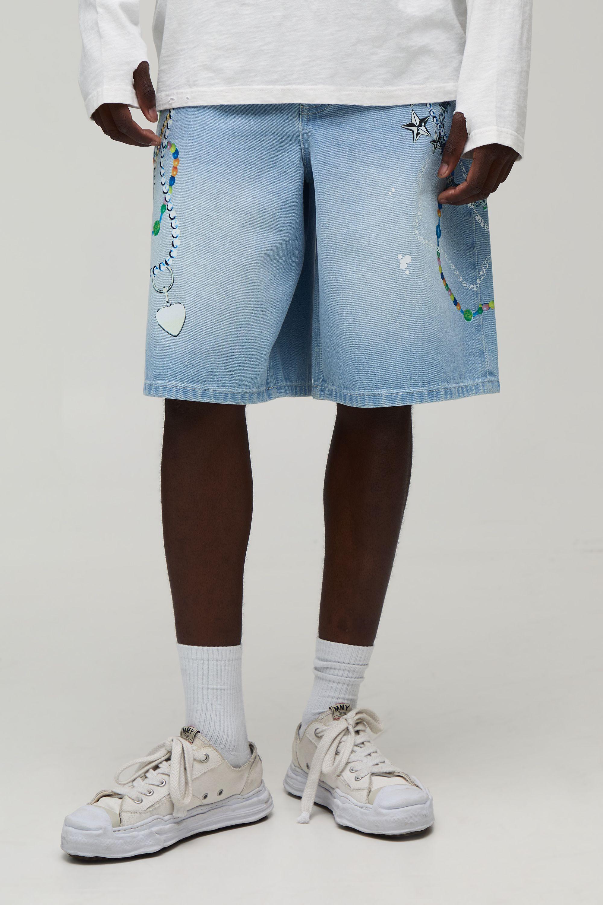 Baggy Paint Splatter Chain Print Washed Denim Shorts by BOOHOOMAN