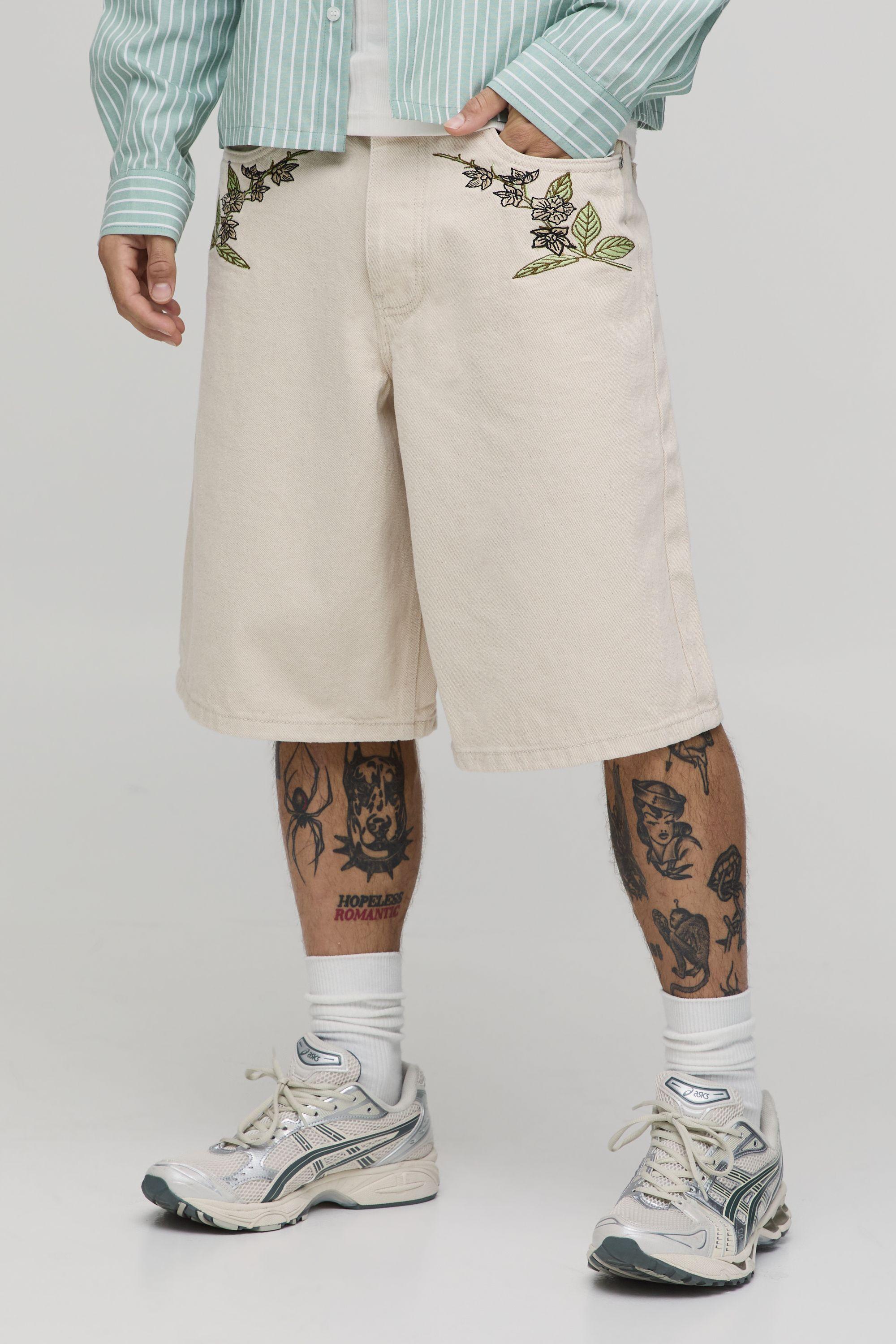 Baggy Rigid Floral Embroidered Denim Shorts by BOOHOOMAN