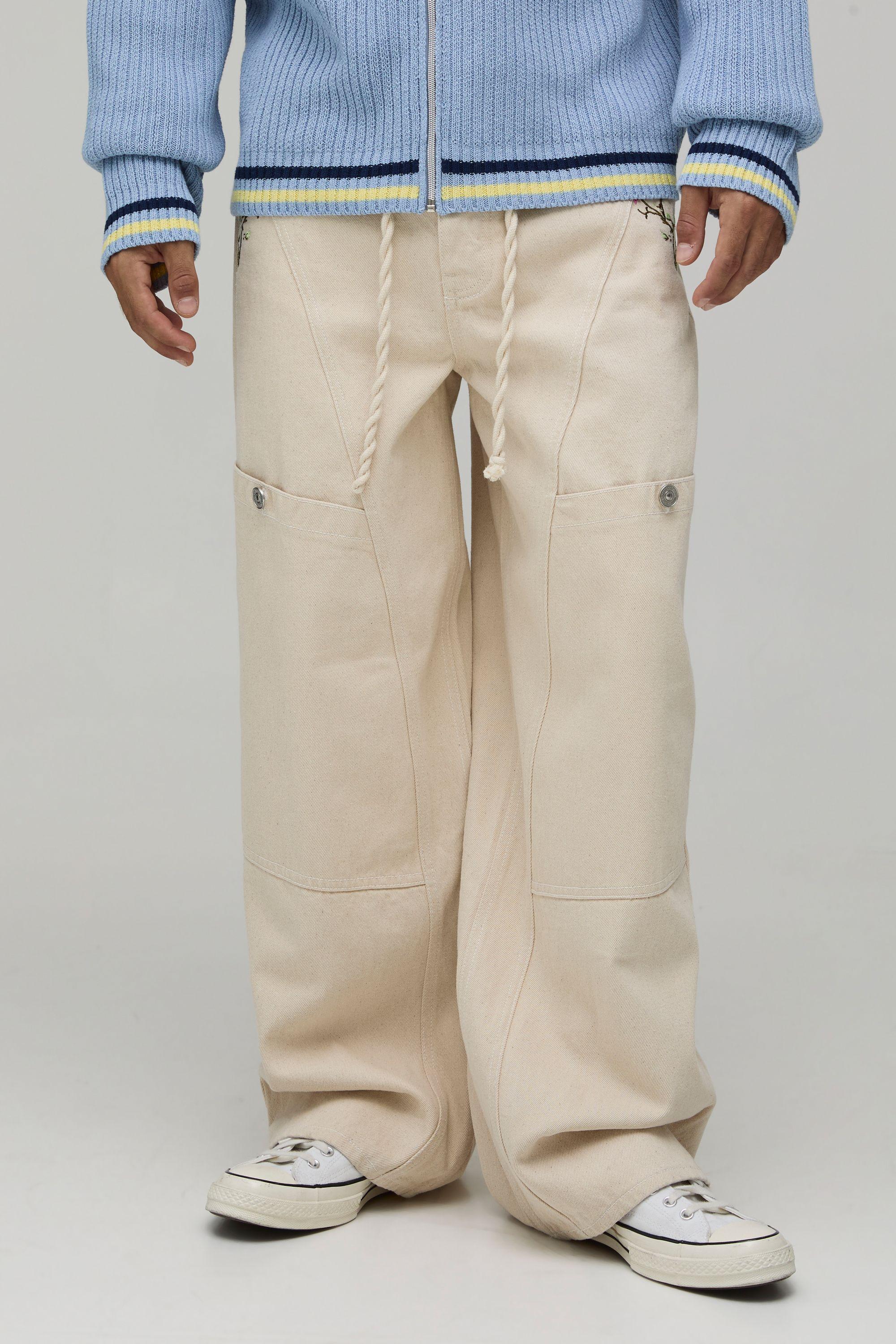 Baggy Rigid Floral Rope Belt Jeans by BOOHOOMAN