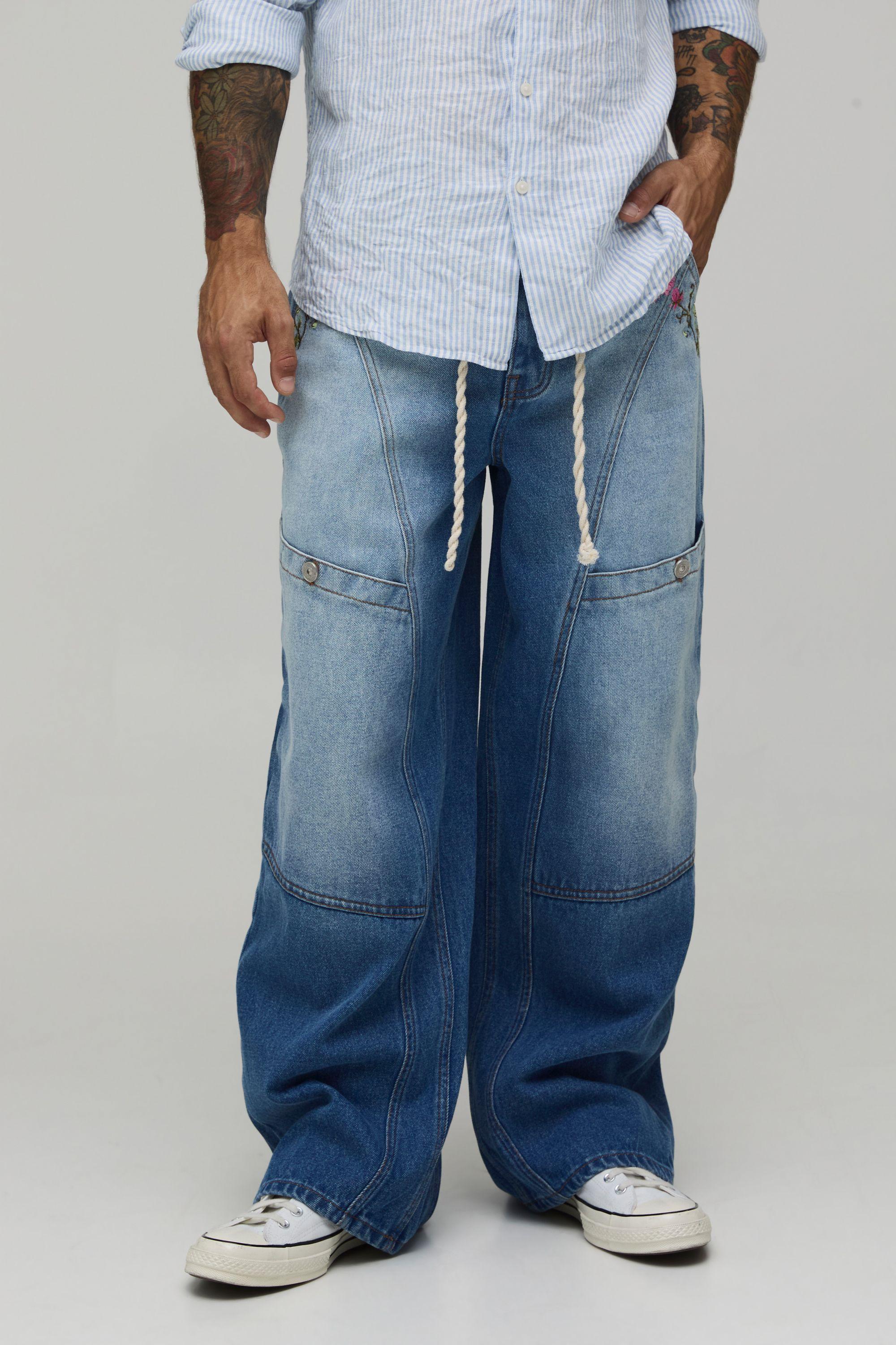 Baggy Rigid Floral Rope Belt Jeans by BOOHOOMAN