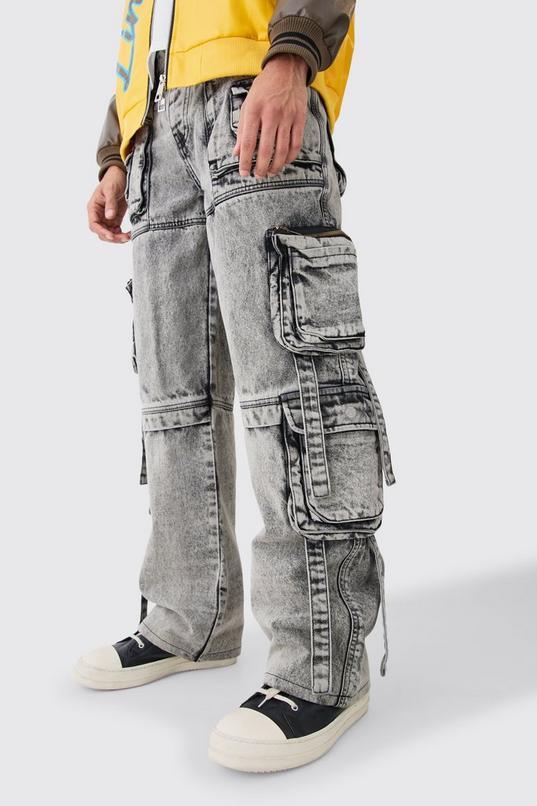 Baggy Rigid Multi Cargo Pocket Strap Detail Acid Wash Jeans by BOOHOOMAN