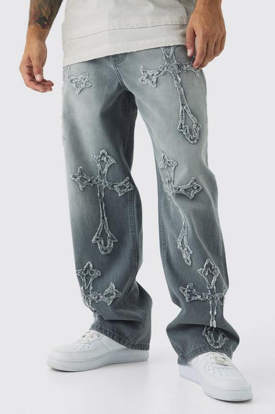 Baggy Rigid Washed Grey Cross Applique Jeans by BOOHOOMAN
