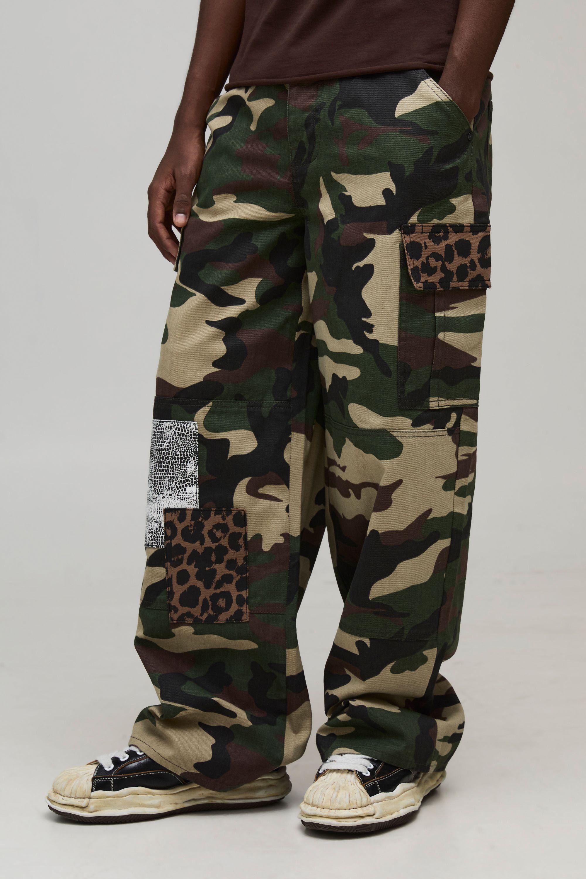 Balloon Fit Camo Patch Cargo Trousers by BOOHOOMAN