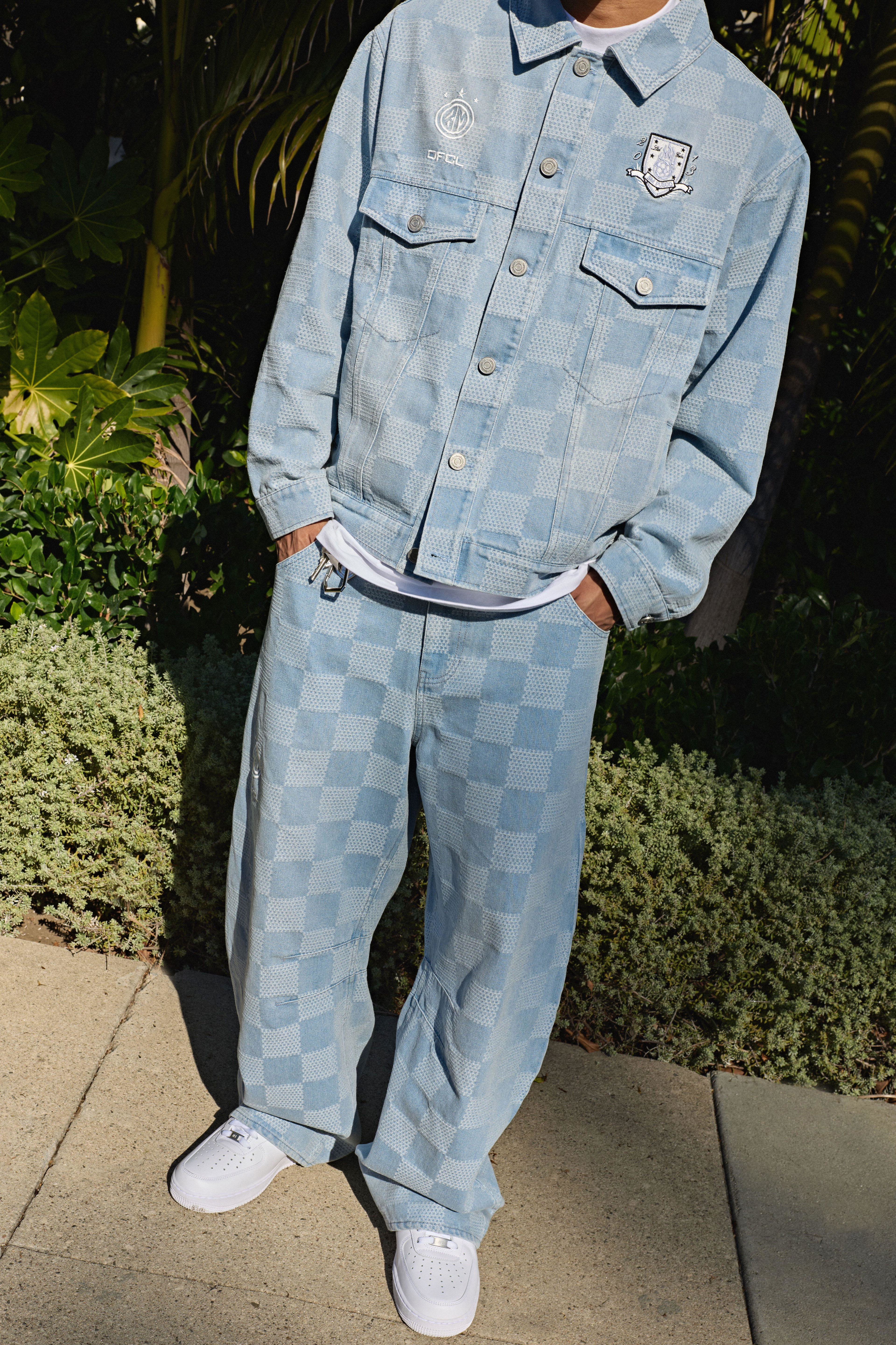 Barrel Fit Checkerboard Jacquard Denim Jeans by BOOHOOMAN