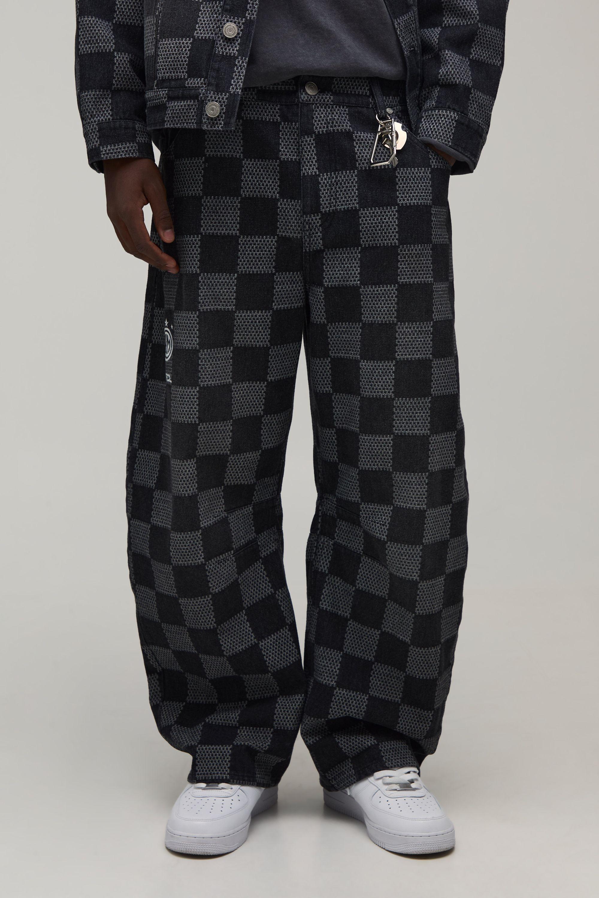 Barrel Fit Checkerboard Jacquard Denim Jeans by BOOHOOMAN