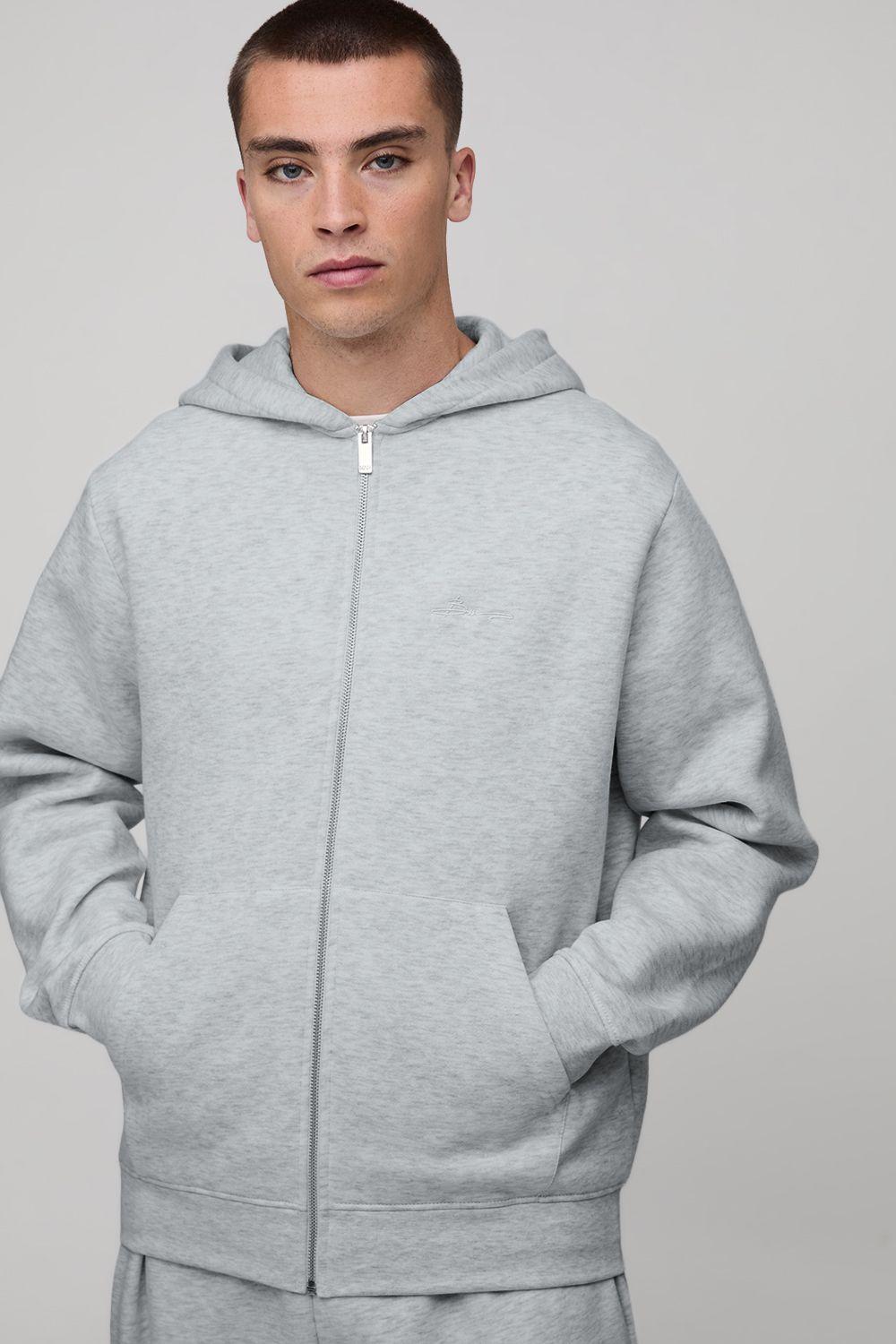 Basic BM Signature Regular Fit Zip Through Hoodie by BOOHOOMAN