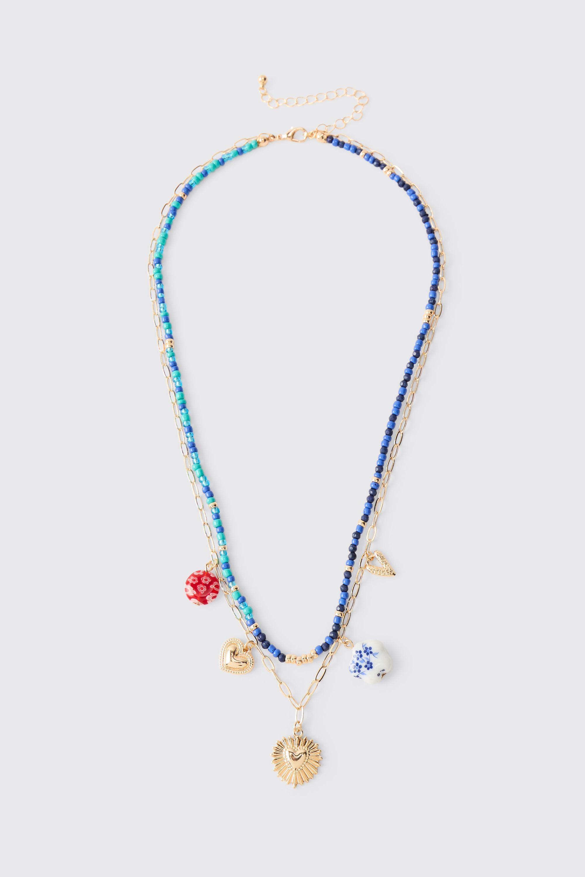 Beaded Layered Charm Necklace by BOOHOOMAN