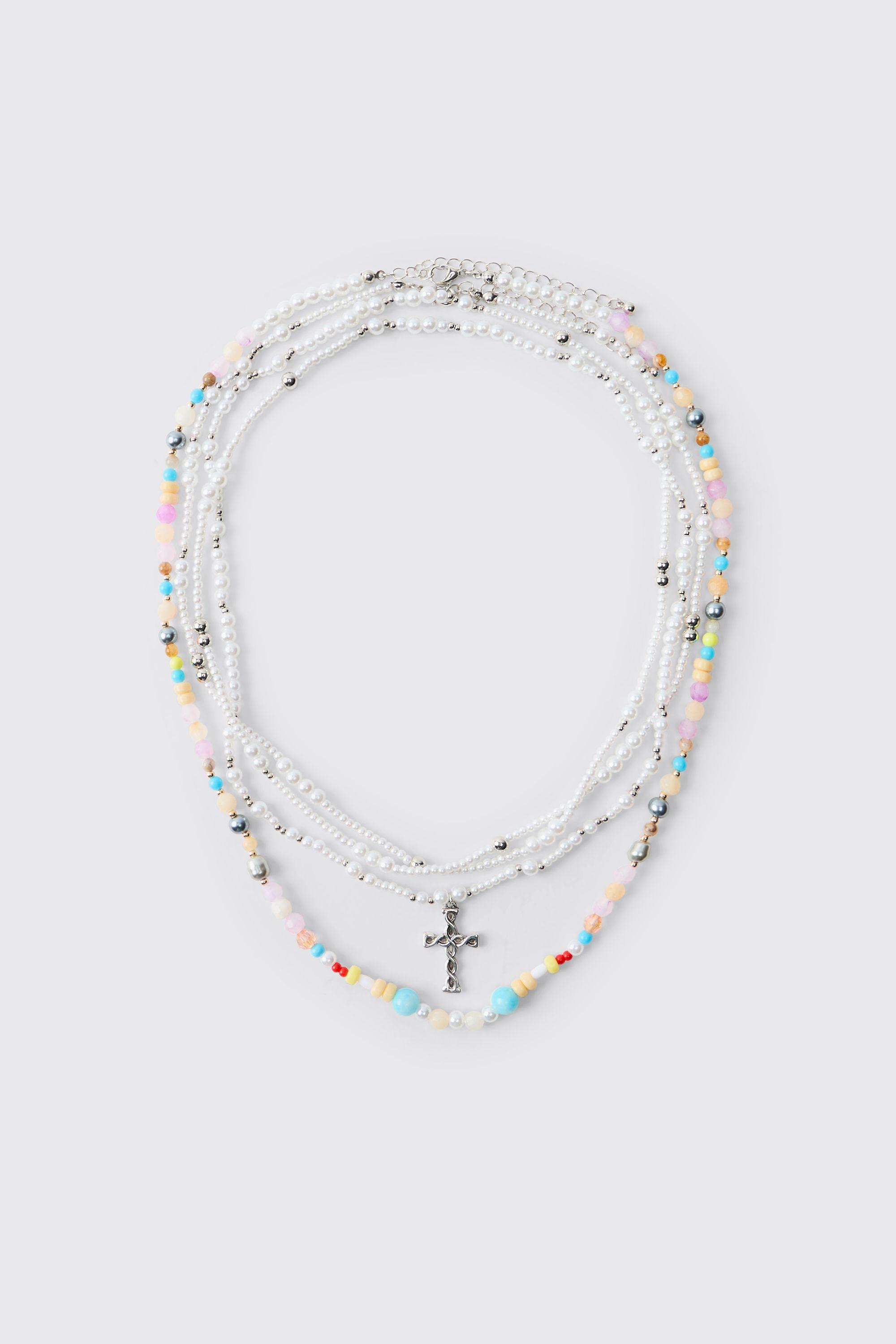 Beaded Multi Layered Cross Necklace by BOOHOOMAN