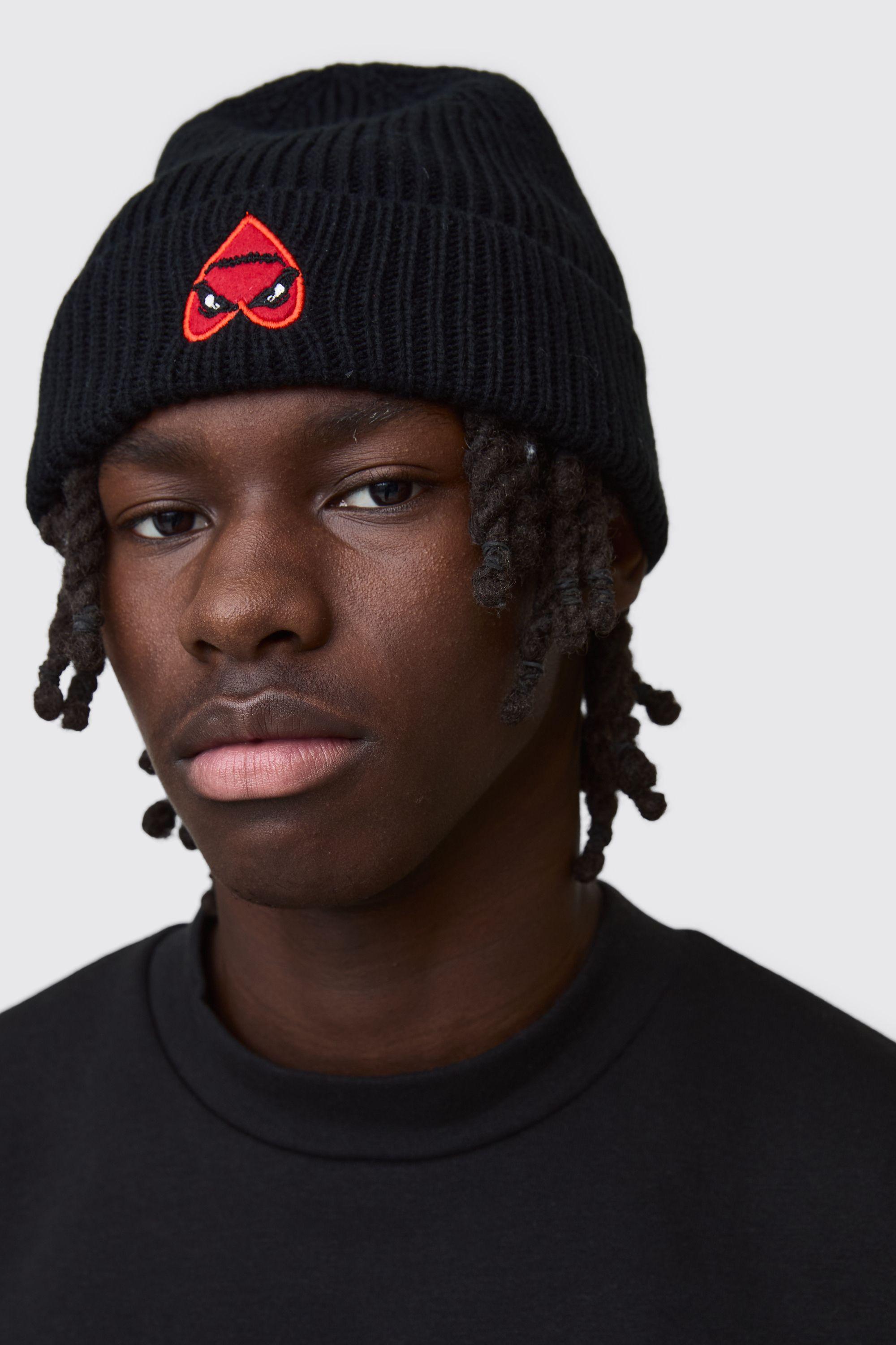 Black Heart Graphic Ribbed Beanie by BOOHOOMAN