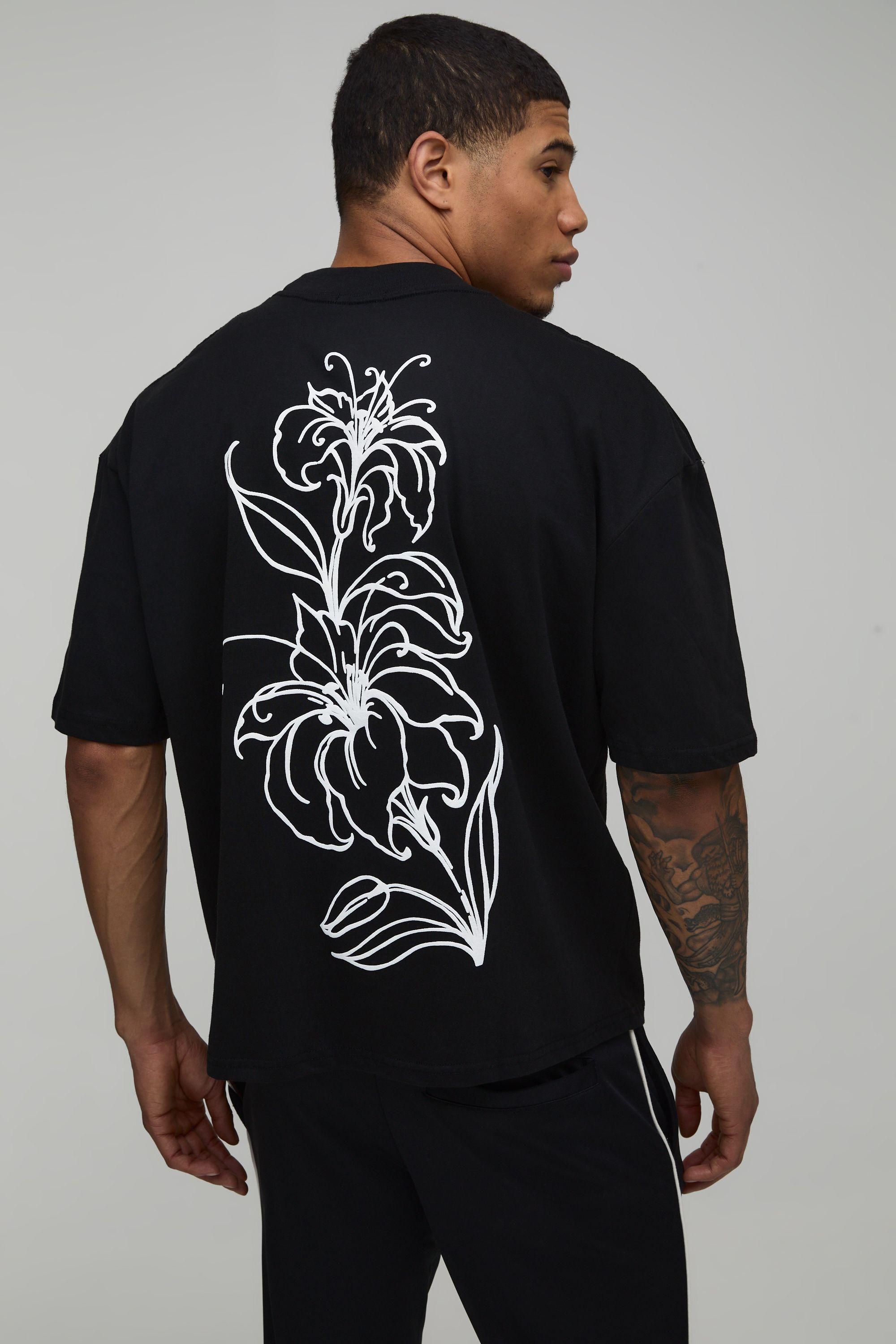 Black Oversized Boxy Floral Puff Print Extended Neck T-Shirt by BOOHOOMAN