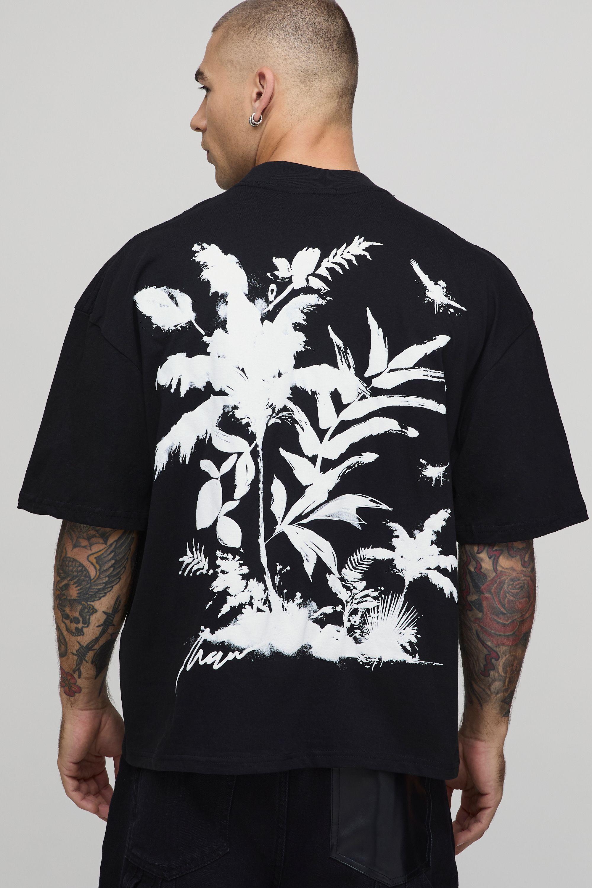Black Oversized Boxy Floral Puff Print T-Shirt by BOOHOOMAN