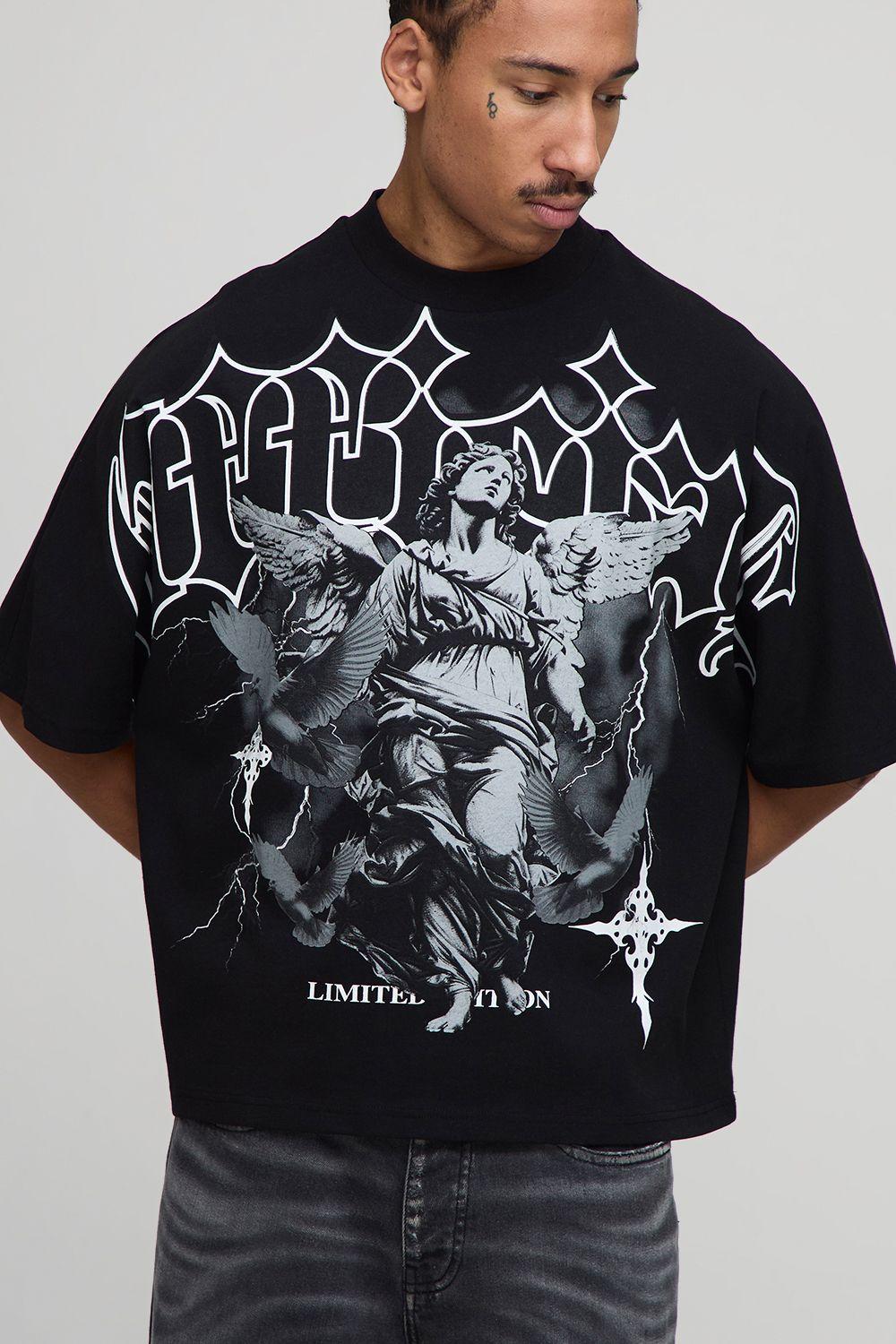 Black Oversized Boxy Heavyweight Angel Printed T-Shirt by BOOHOOMAN