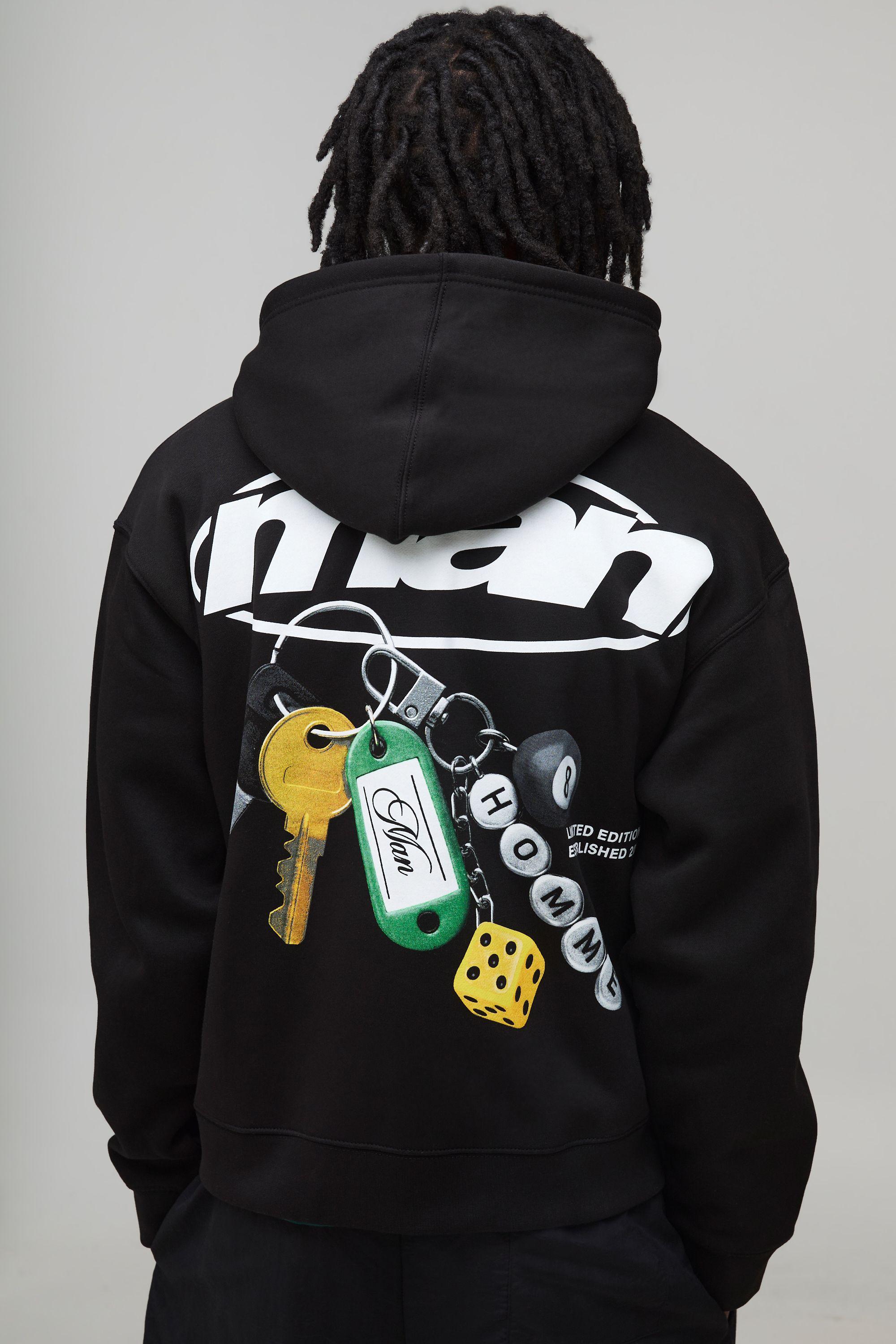 Black Oversized Boxy Key Ring Graphic Zip Through Hoodie by BOOHOOMAN
