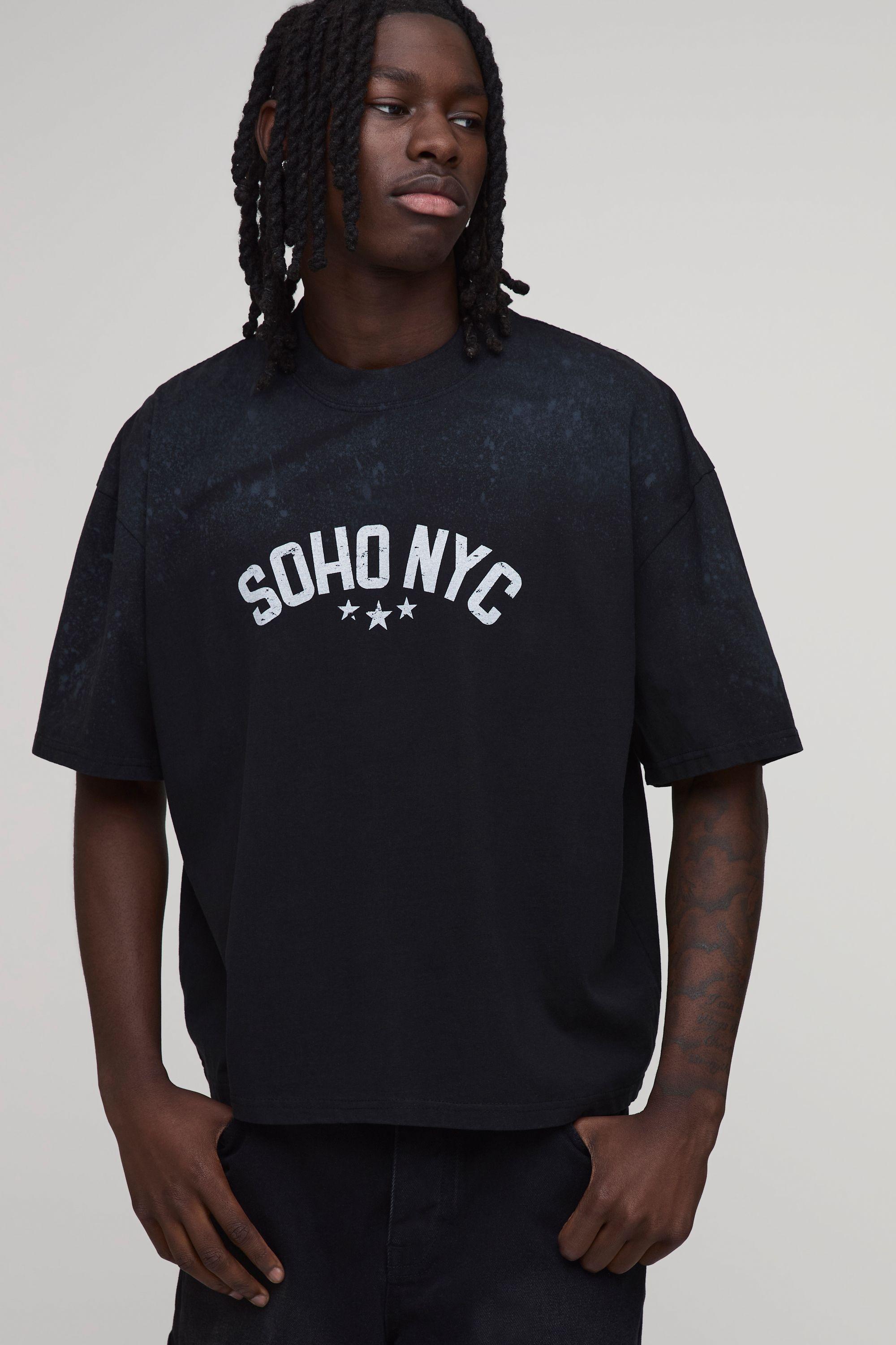Black Oversized Boxy Spray Wash Soho Print T-Shirt by BOOHOOMAN