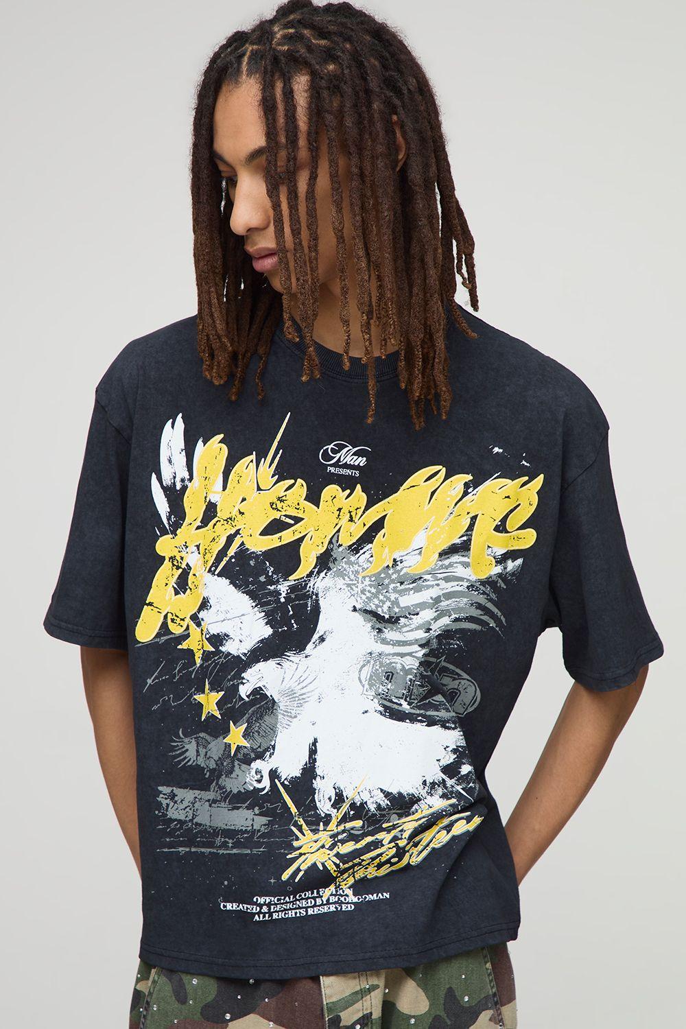 Black Oversized Boxy Washed Homme Eagle Graphic T-Shirt by BOOHOOMAN