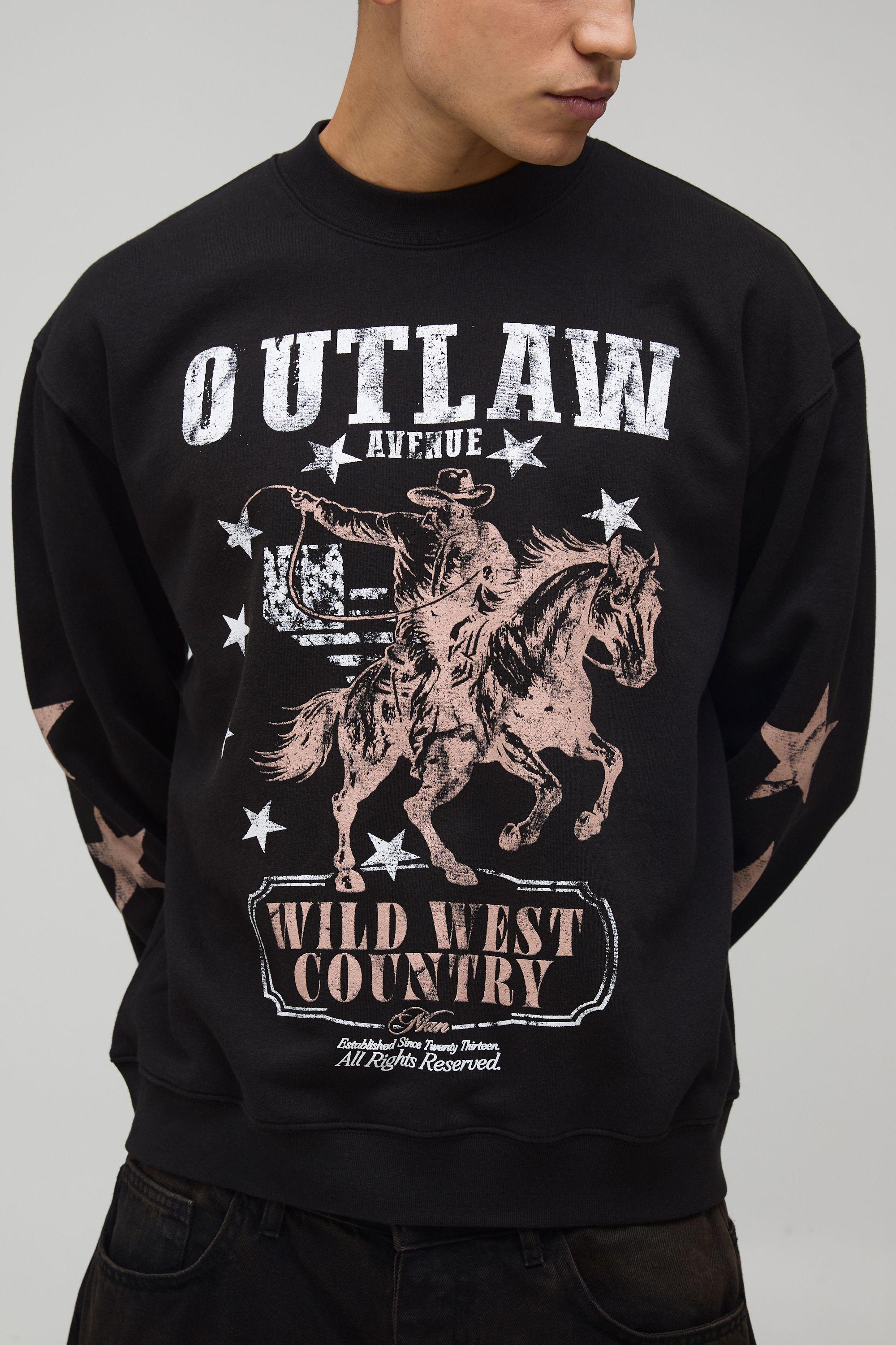 Black Oversized Boxy Wild West Print Extended Neck Sweatshirt by BOOHOOMAN