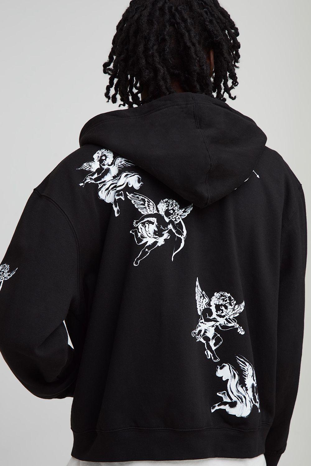 Black Oversized Boxy Zip Through Cherub Printed Hoodie by BOOHOOMAN