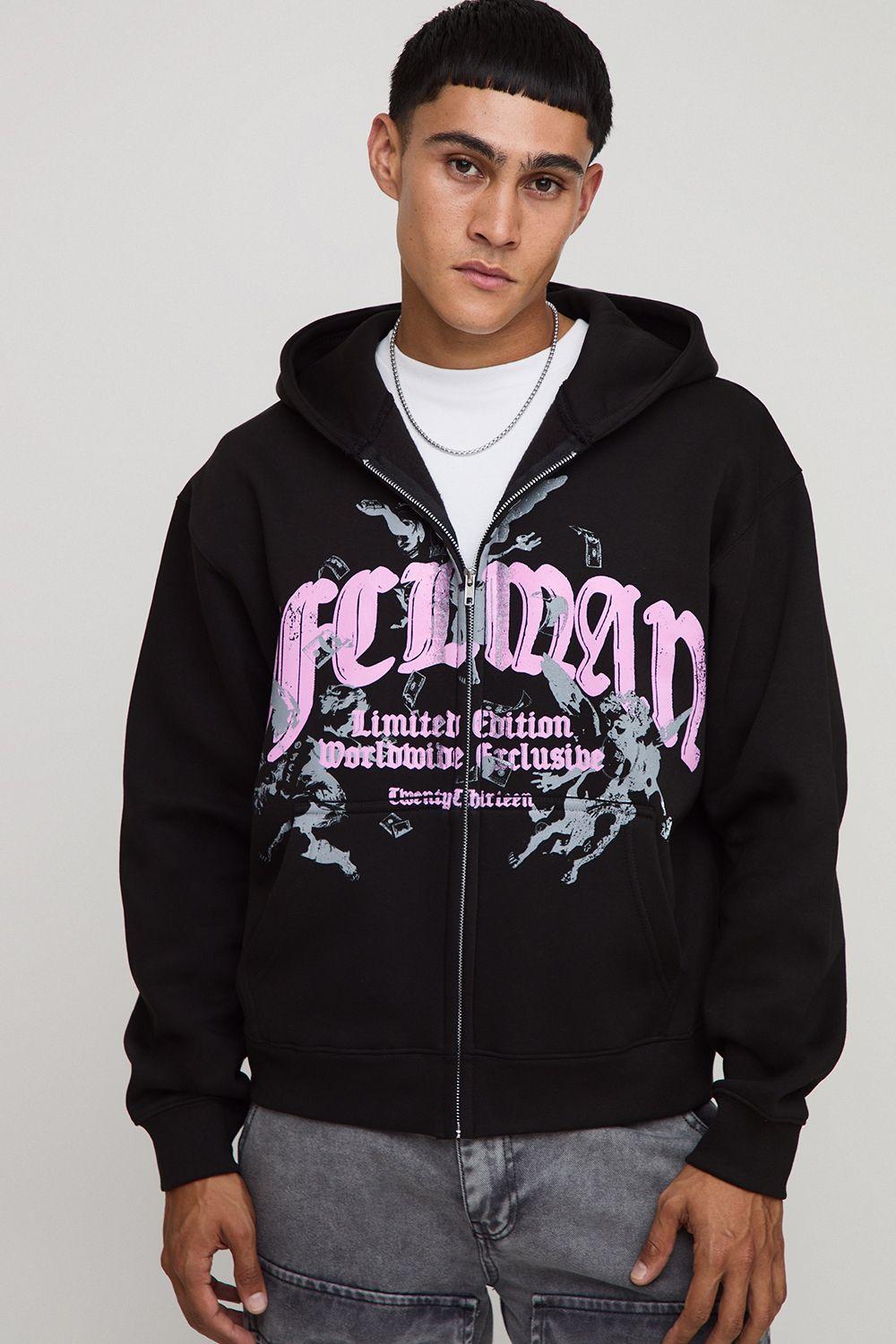 Black Oversized Boxy Zip Through Ofcl Man Printed Hoodie by BOOHOOMAN