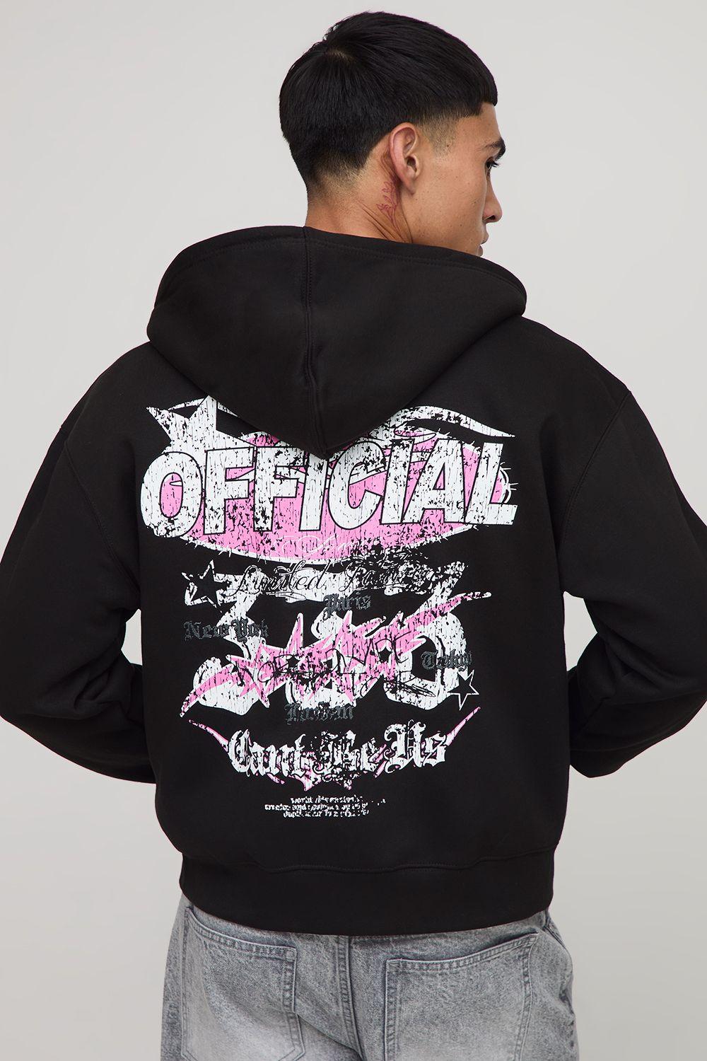 Black Oversized Boxy Zip Through Official Moto Star Printed Hoodie by BOOHOOMAN