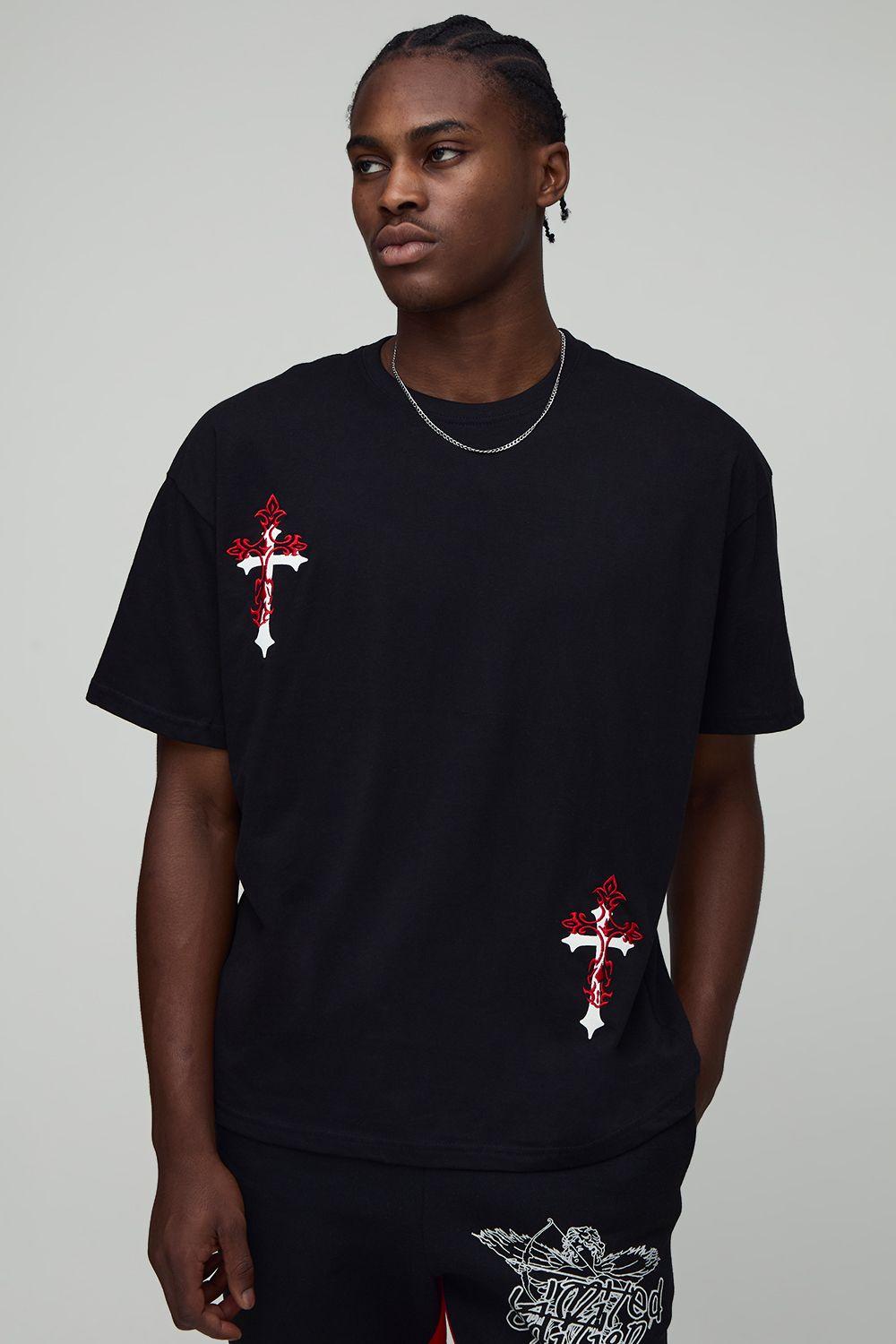 Black Oversized Cross Embroidered Puff Print T-Shirt by BOOHOOMAN
