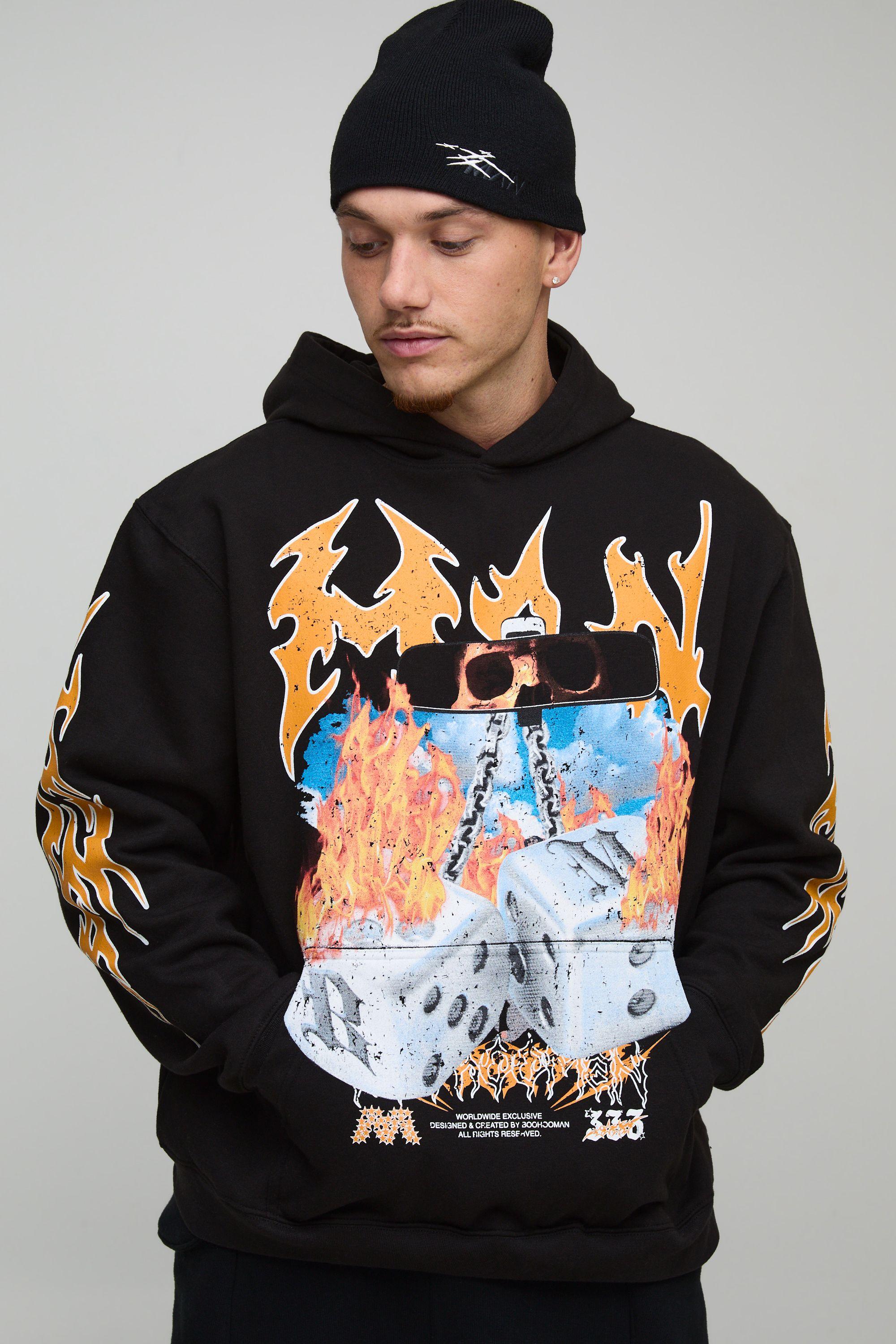 Black Oversized Dice Flame Printed Hoodie by BOOHOOMAN