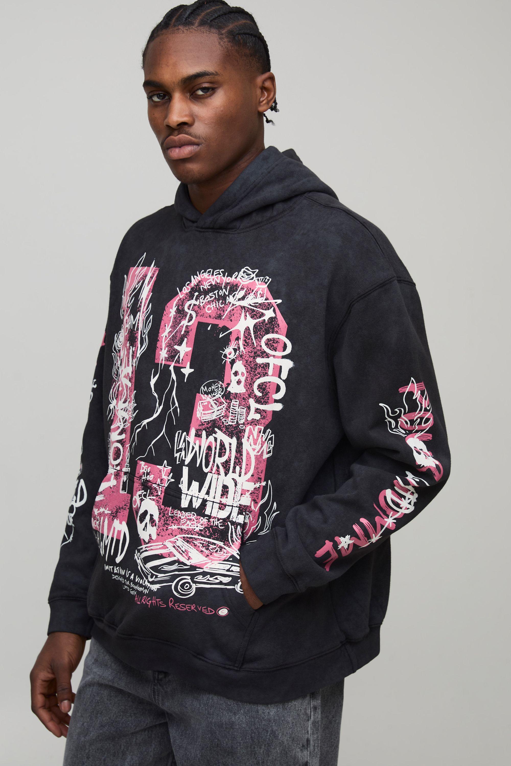 Black Oversized Doodle Print Acid Wash Hoodie by BOOHOOMAN