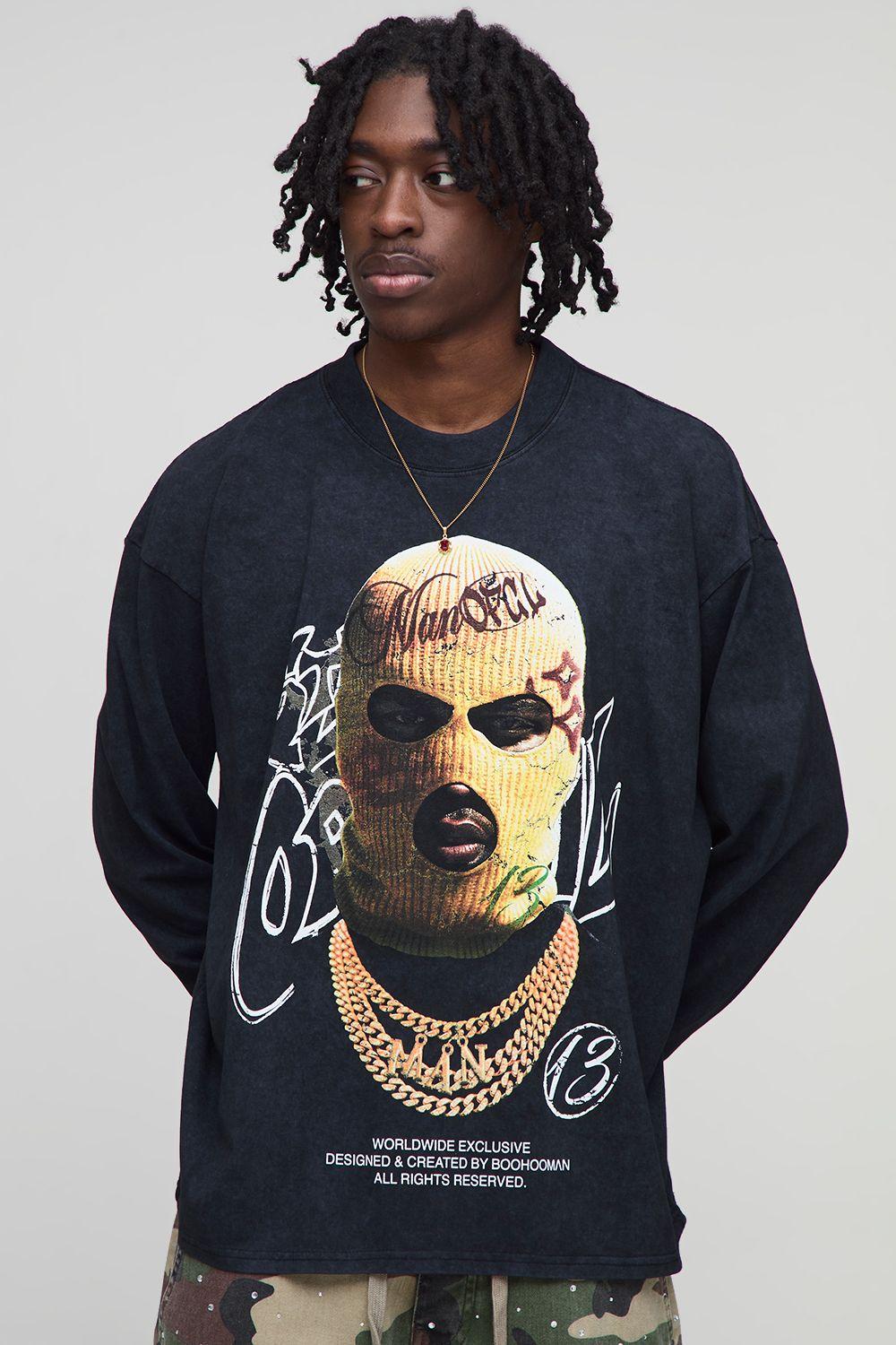Black Oversized Extended Neck Ski Mask Long Sleeve Printed Washed T-Shirt by BOOHOOMAN