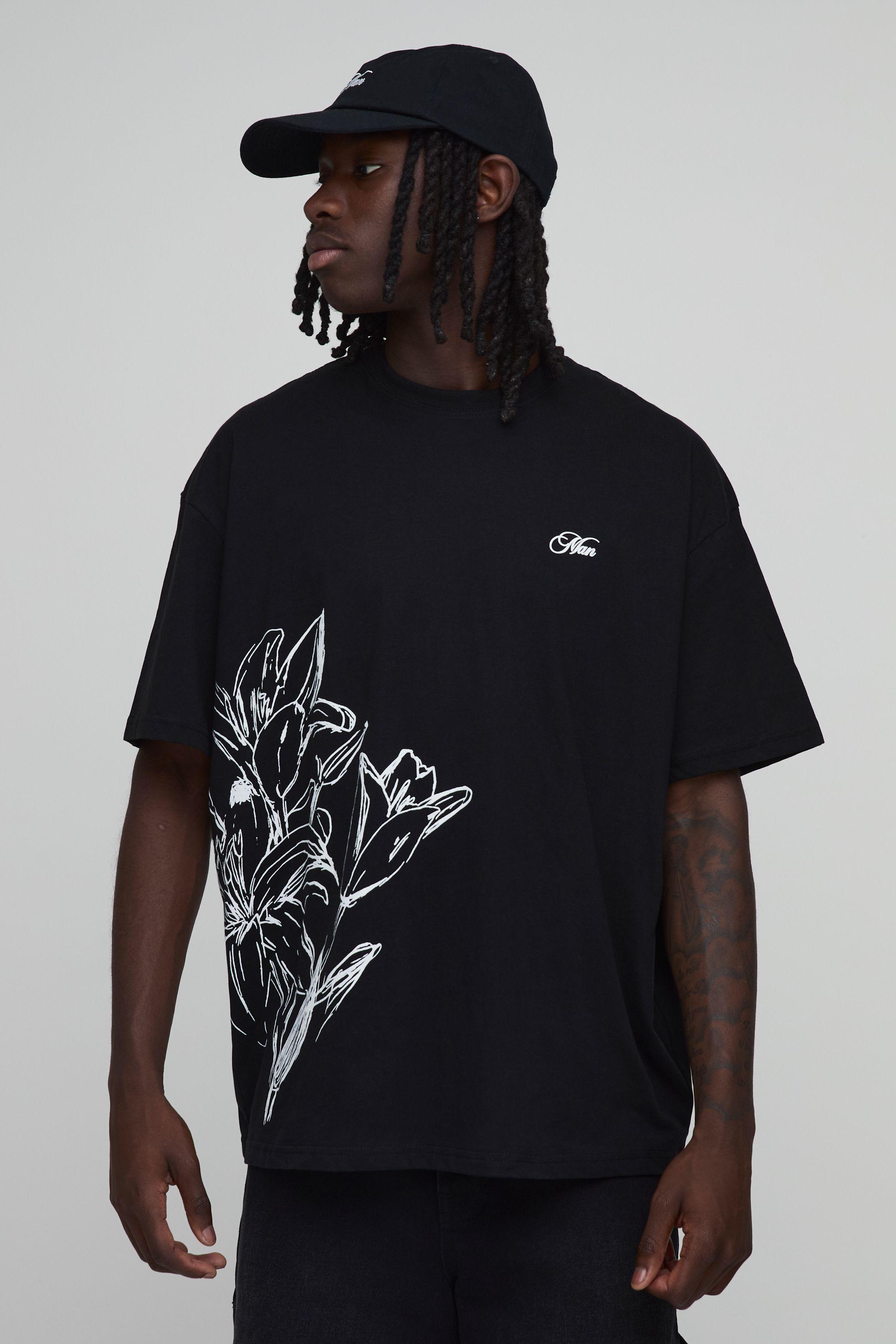Black Oversized Floral Line Drawn Print T-Shirt by BOOHOOMAN