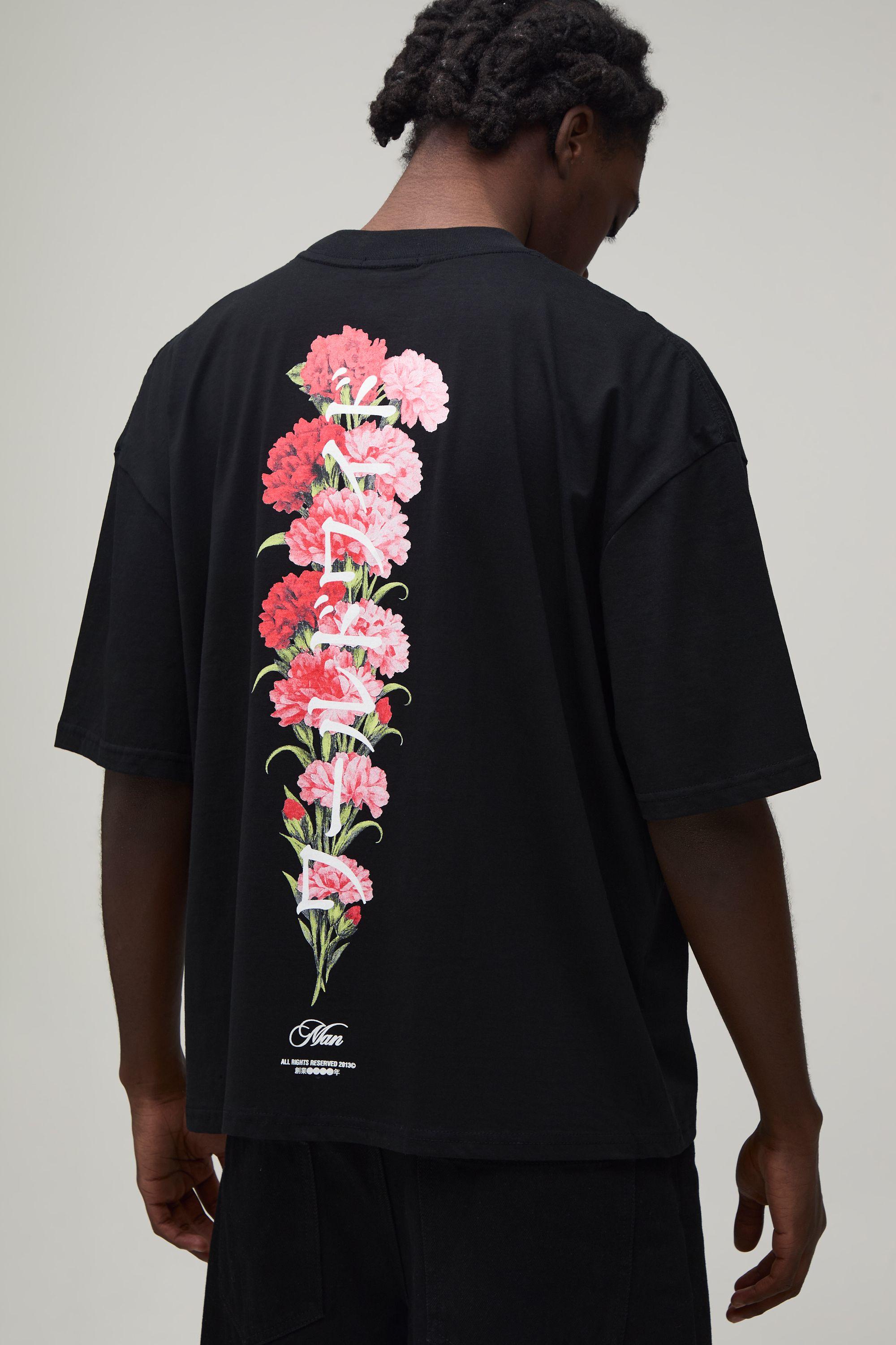 Black Oversized Floral Spine Print T-Shirt by BOOHOOMAN